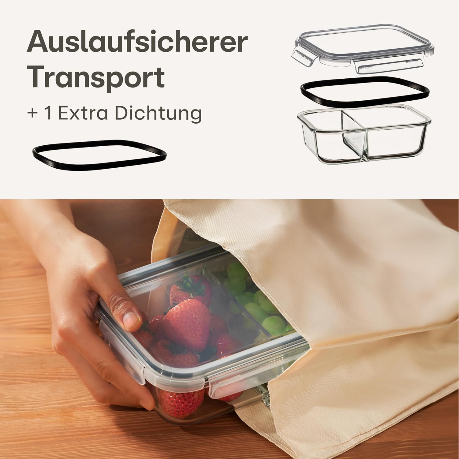 Praknu Meal-Prep-Boxen aus Glas, 2 Fächer – Set mit 2 Meal-Prep-Behältern 1 l – luftdichter Glasbehälter mit Deckel – geeignet für Spülmaschine, Mikrowelle und Backofen – Meal-Prep-Boxen – Lebensmittel-Aufbewahrungsbehälter aus Glas – Bild 3