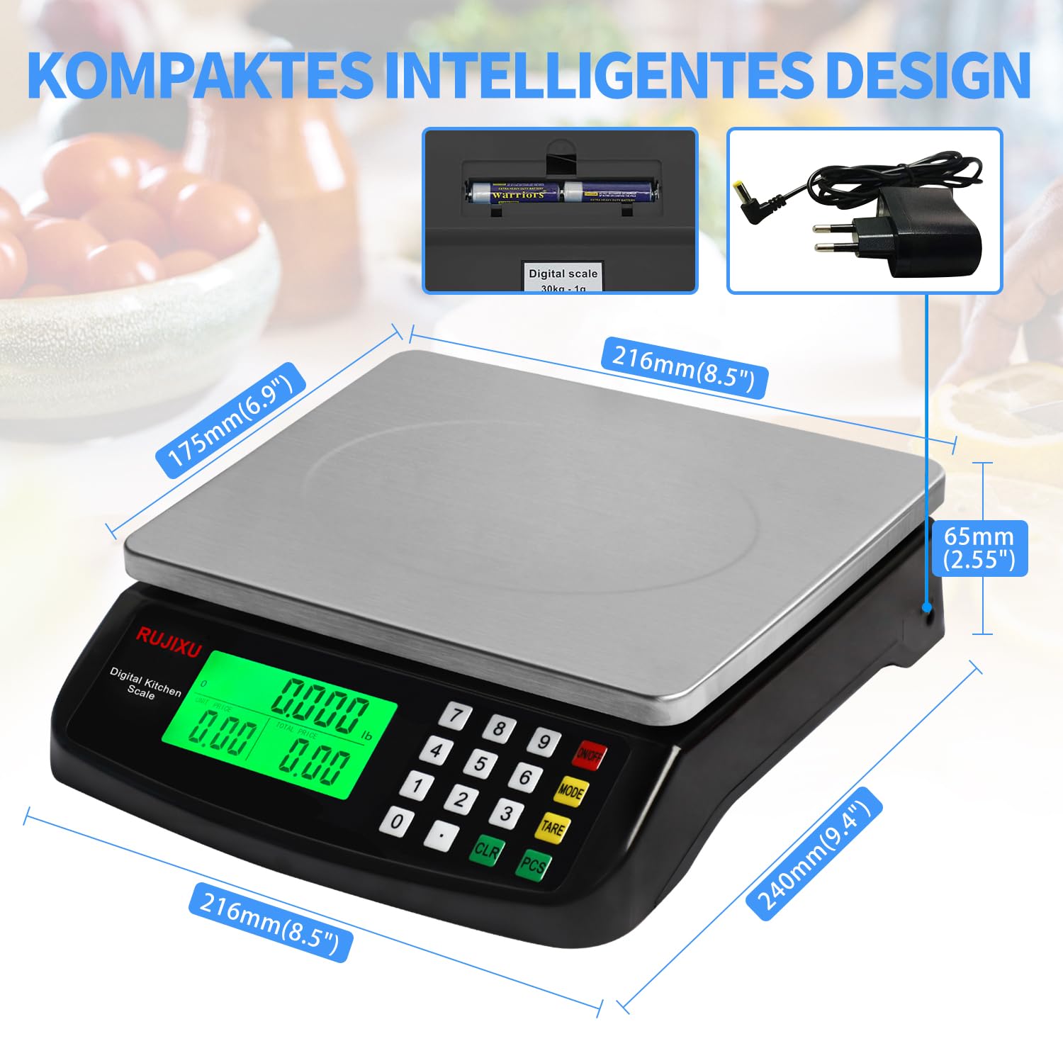 Digitale Küchenwaage, 30 kg, Edelstahl, digitale Waage mit LCD-Display und Tara-Funktion, digitale Präzisionswaage mit PCS-Zählwaage, 3-Einheiten-Umrechnung – Bild 2