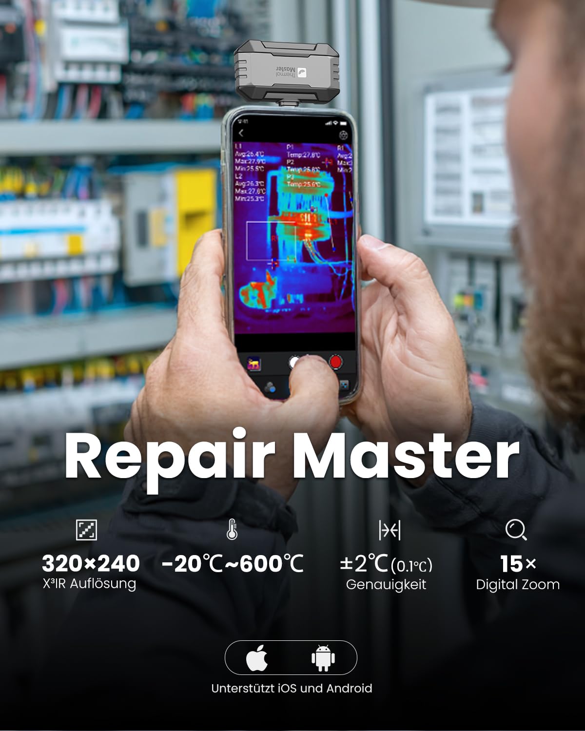 Wärmebildkamera Thermal Master P1 für iPhone 15/16 und Android, Infrarotkamera, Wärmebildkameras mit X³ IR-Auflösung, 320 x 240, -20 °C bis 600 °C, Hausinspektion, 15-facher Zoom – Bild 2