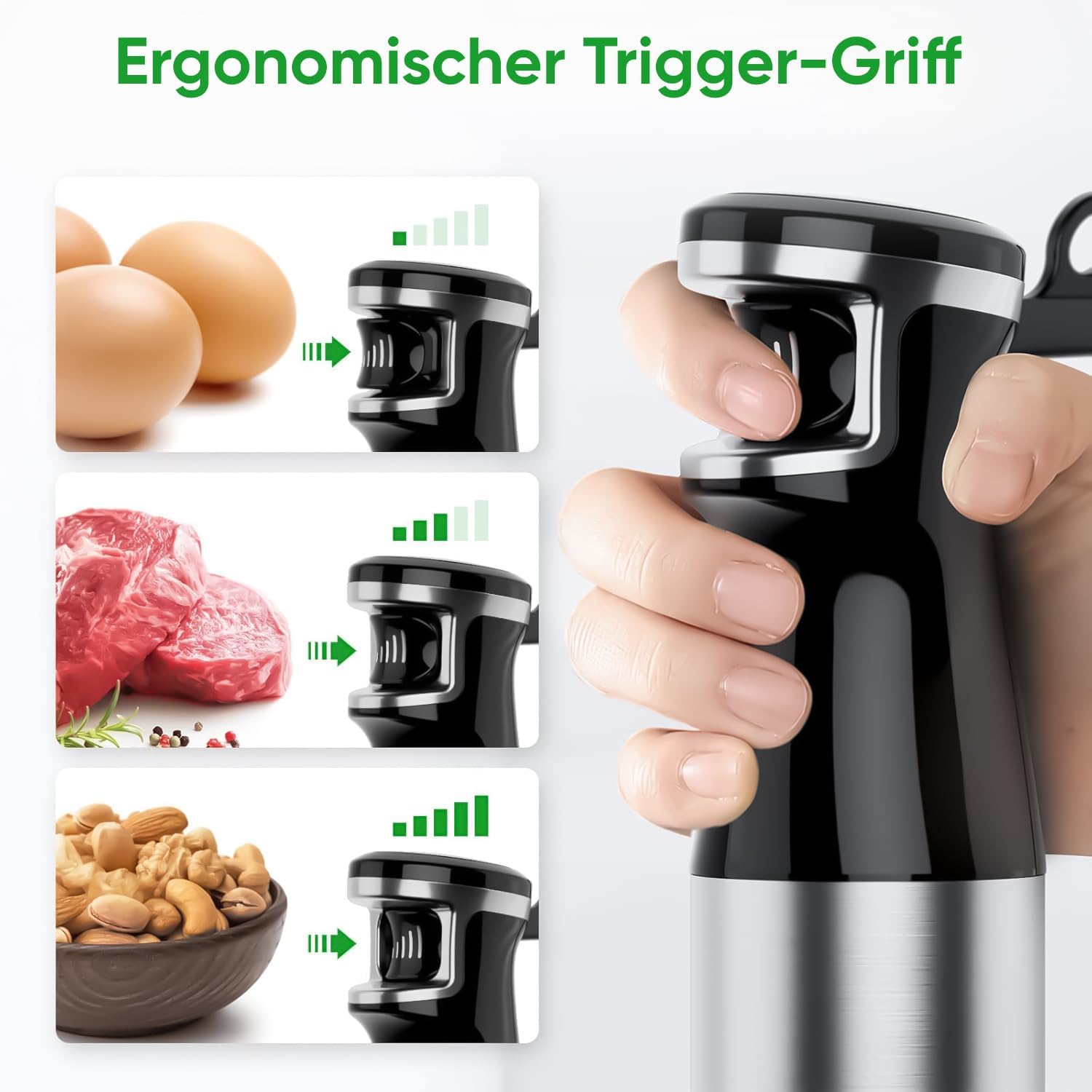 BESROY Stabmixer-Set 5 in 1, 1100 W elektrischer Pürierstab, stufenlose Geschwindigkeit, Edelstahl-Stabmixer mit Zerkleinerer, Schneebesen, Milchaufschäumer und Messbecher, ideal für Suppen, Smoothies – Bild 3