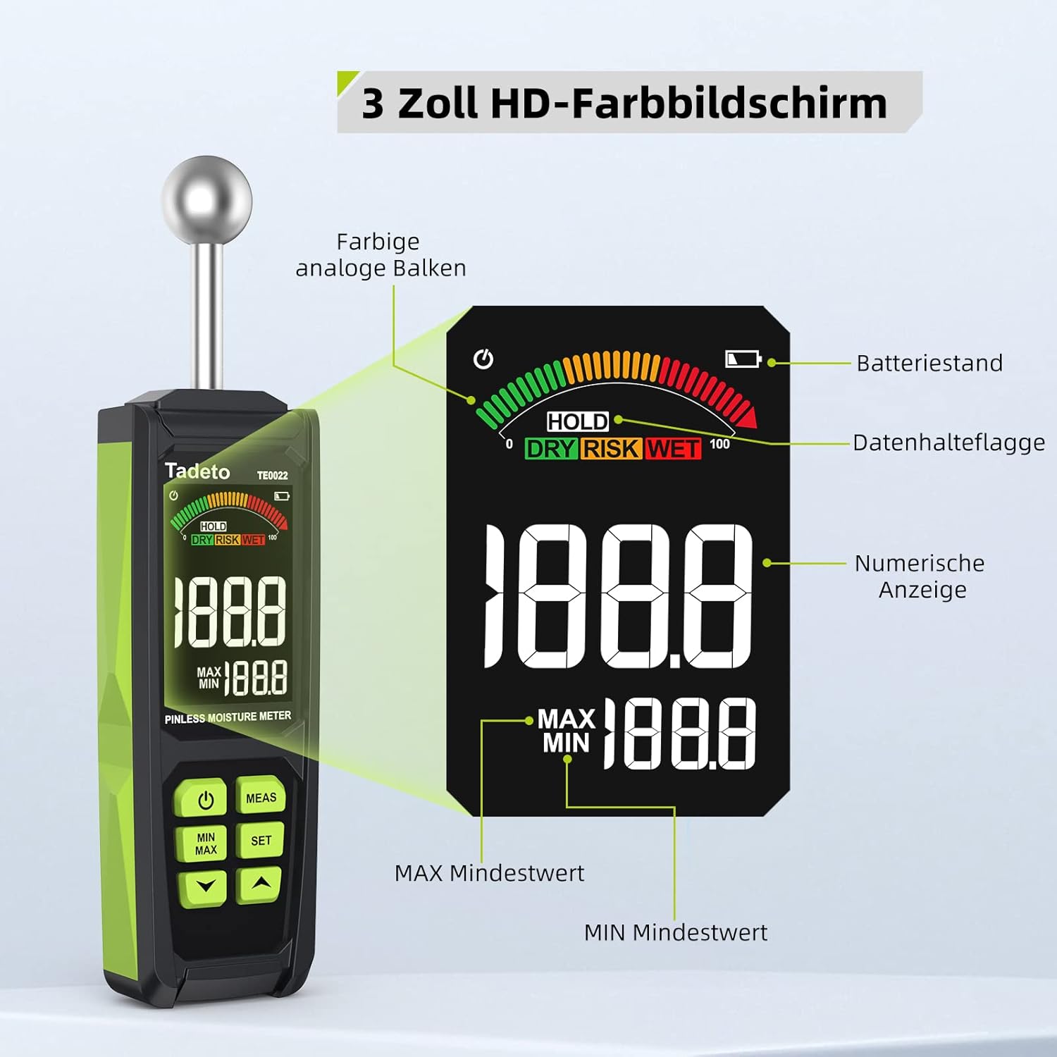 Feuchtigkeitsmesser, Tadeto Feuchtigkeitsmesser 20-40 mm Analysetiefe mit Farb-LCD Alarmfunktion Haltefunktion Feuchtigkeitsmesser für Wände, Holz, Mauerwerk, Beton, Putz, Baumaterialien – Bild 3