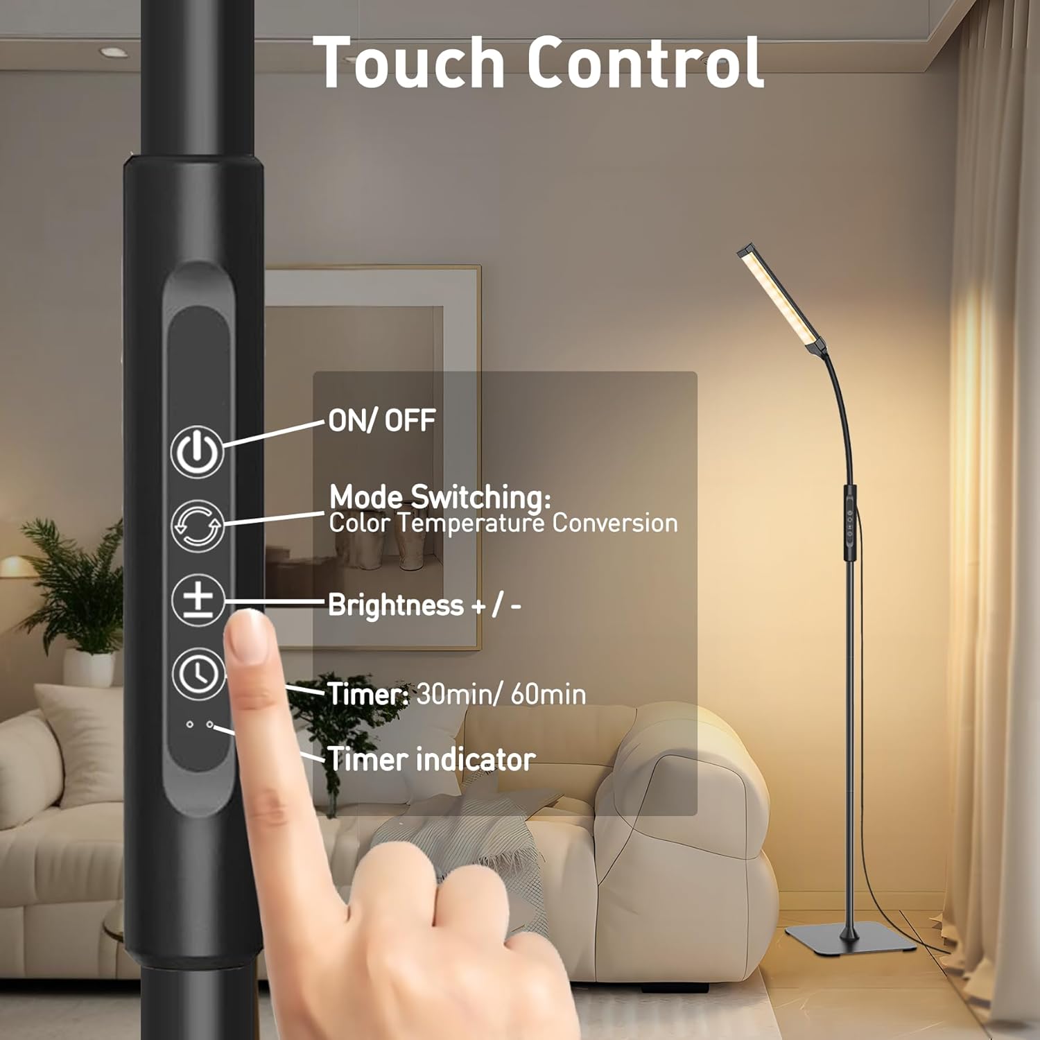 Mojimdo 120 LED Stehlampe, helle Stehlampen für Wohnzimmer, 3 Farbmodi & 10 Helligkeiten, 3000K-6000K Standlicht, Schwanenhals-Leselampe mit Touch-Steuerung für Schlafzimmer, Büro – Bild 4