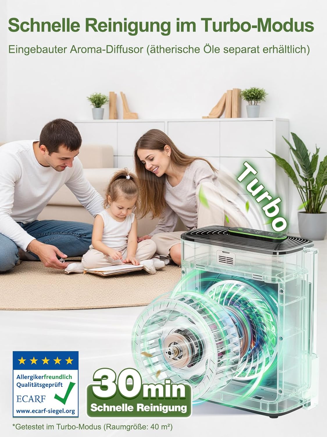 KNKA Luftreiniger, Luftreiniger, HEPA-Filter, CADR 300 m³/h, für Räume bis zu 80 m², entfernt 99,97 % Staub, Pollen und Gerüche, mit intelligentem Sensor, Auto- und Schlafmodus, ideal für Raucher und Haustiere (APH3000) – Bild 6