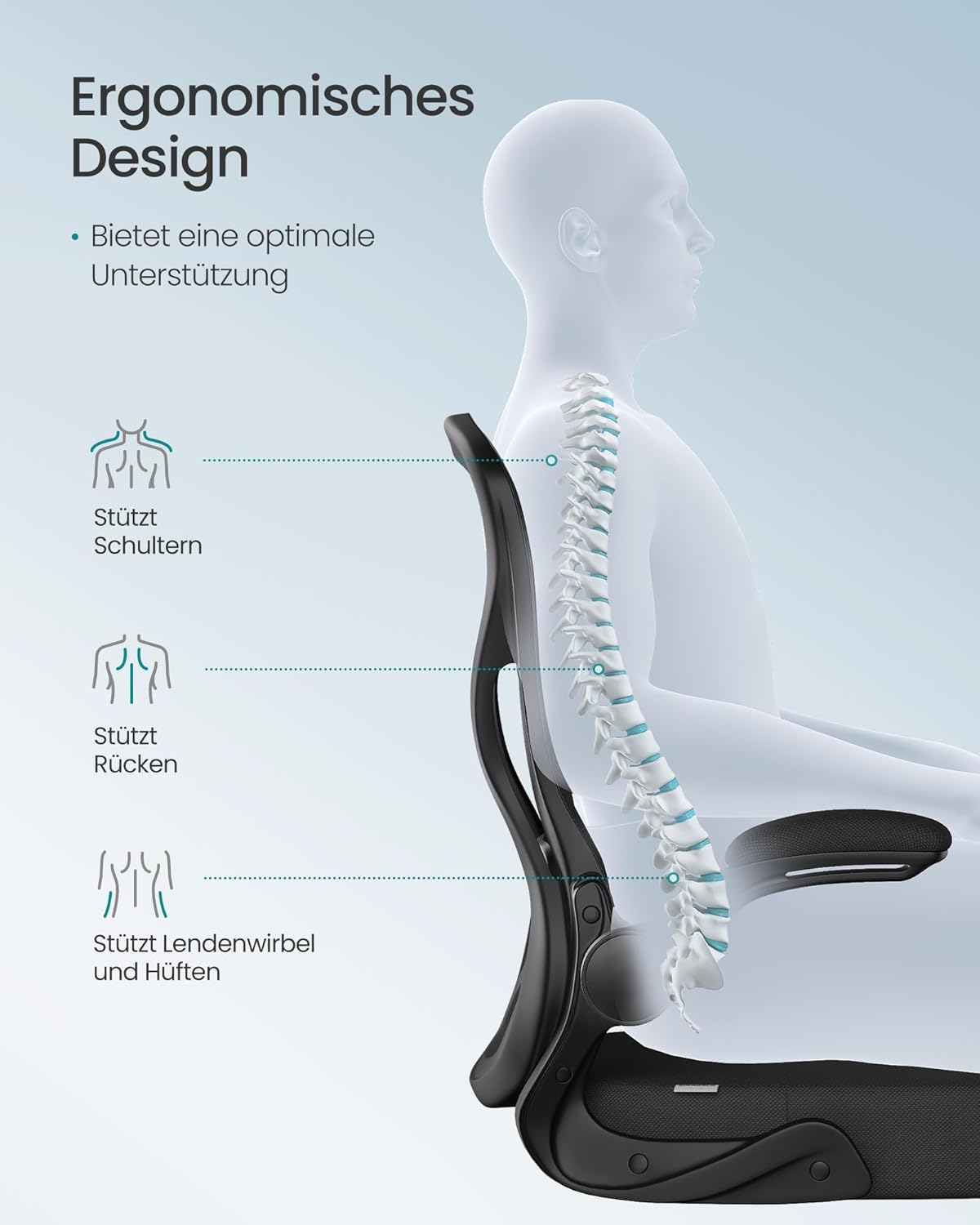 SONGMICS Bürostuhl, ergonomischer Netzdrehstuhl, Schreibtischstuhl mit Lordosenstütze, Wippfunktion, klappbare Armlehnen, für Arbeitszimmer, Schlafzimmer, Tintenschwarz OBN042BH02 – Bild 5