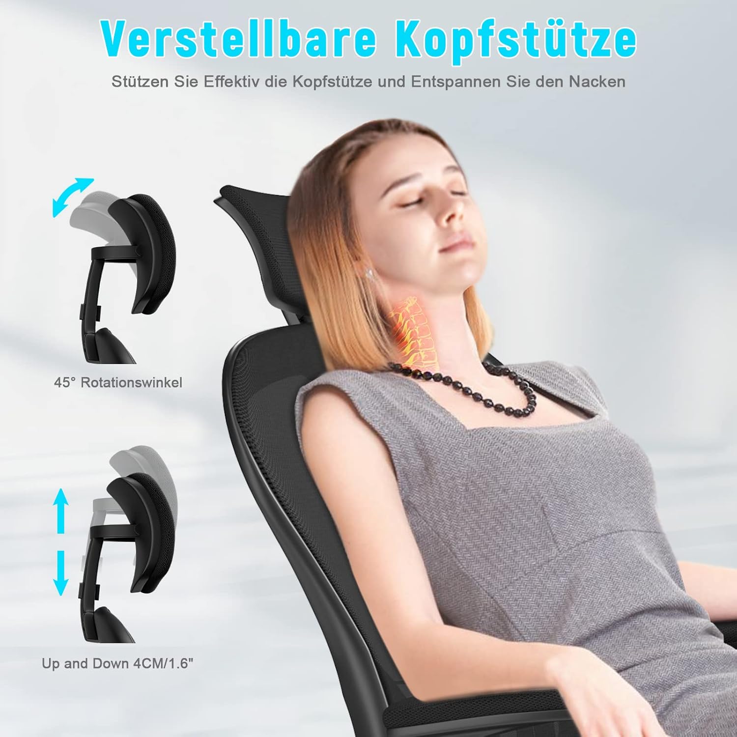 naspaluro Ergonomischer Bürostuhl mit atmungsaktivem Netzbezug, Schreibtischstuhl mit verstellbaren Armlehnen, Kopfstütze, Lordosenstütze, Rückenlehne, Höhenverstellung, 360°-Drehstuhl, Dunkelschwarz – Bild 6