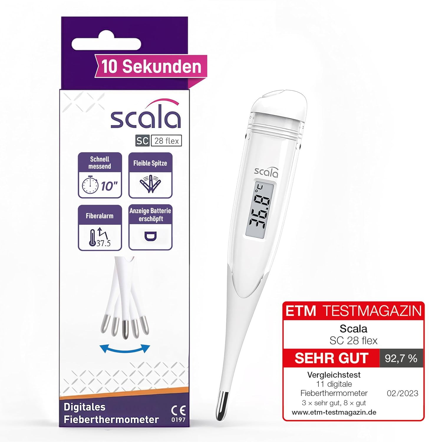 scala SC 28 flex Digitales Fieberthermometer – 10 Sekunden Messzeit, flexible Spitze, Fieberalarm, wasserdicht – oral, rektal und axillär – weiß – für Babys, Kinder und Erwachsene