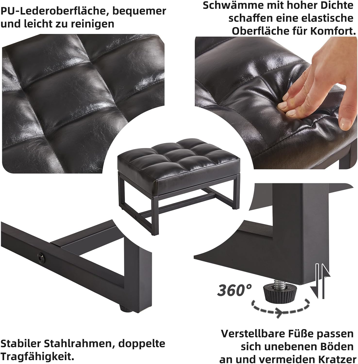 Aibiju Fußhocker, kleine osmanische Fußstütze, rechteckiger Ottoman mit stabilem Metallrahmen, Sofa-Fußstütze, zusätzliche Sitzgelegenheiten für Wohnzimmer, Eingangsbereich, Büro, Schwarz YD-JD139B – Bild 5