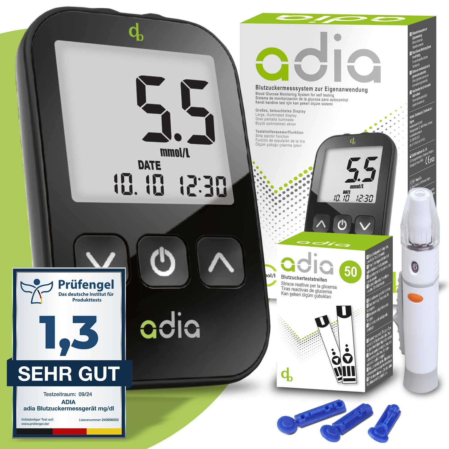 adia Blutzuckermessgerät (mmol/L, internationale Einheit) + 60 Blutzucker-Teststreifen, 10 Lanzetten, Stechhilfe & Koffer – Vorteilsset zur Blutzucker-Selbstkontrolle bei Diabetes