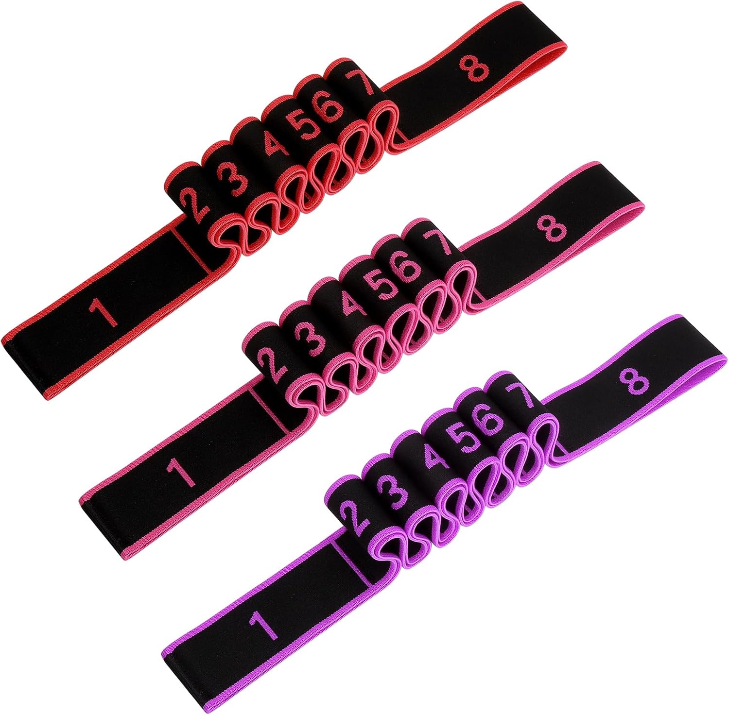 3er Pack Fitnessbänder, Yogagurt für Stretching & Widerstandstraining, elastisches Fitnessband mit 8 Schlaufen, Stretching Yogagurt in Rot, Rosa, Lila, für Pilates, Tanztraining, Gymnastik