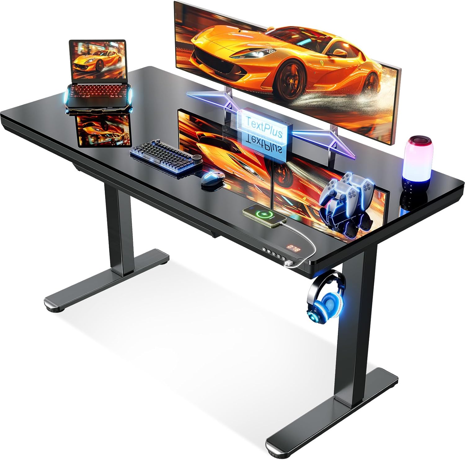 OffiGo Glas höhenverstellbarer Schreibtisch, 140 x 60 cm, elektrischer Schreibtisch mit Schublade, ganze Tischplatte mit USB und Typ-C, Stehpult, Stehsitz, Glastisch für Home Office, Büro, Schwarz