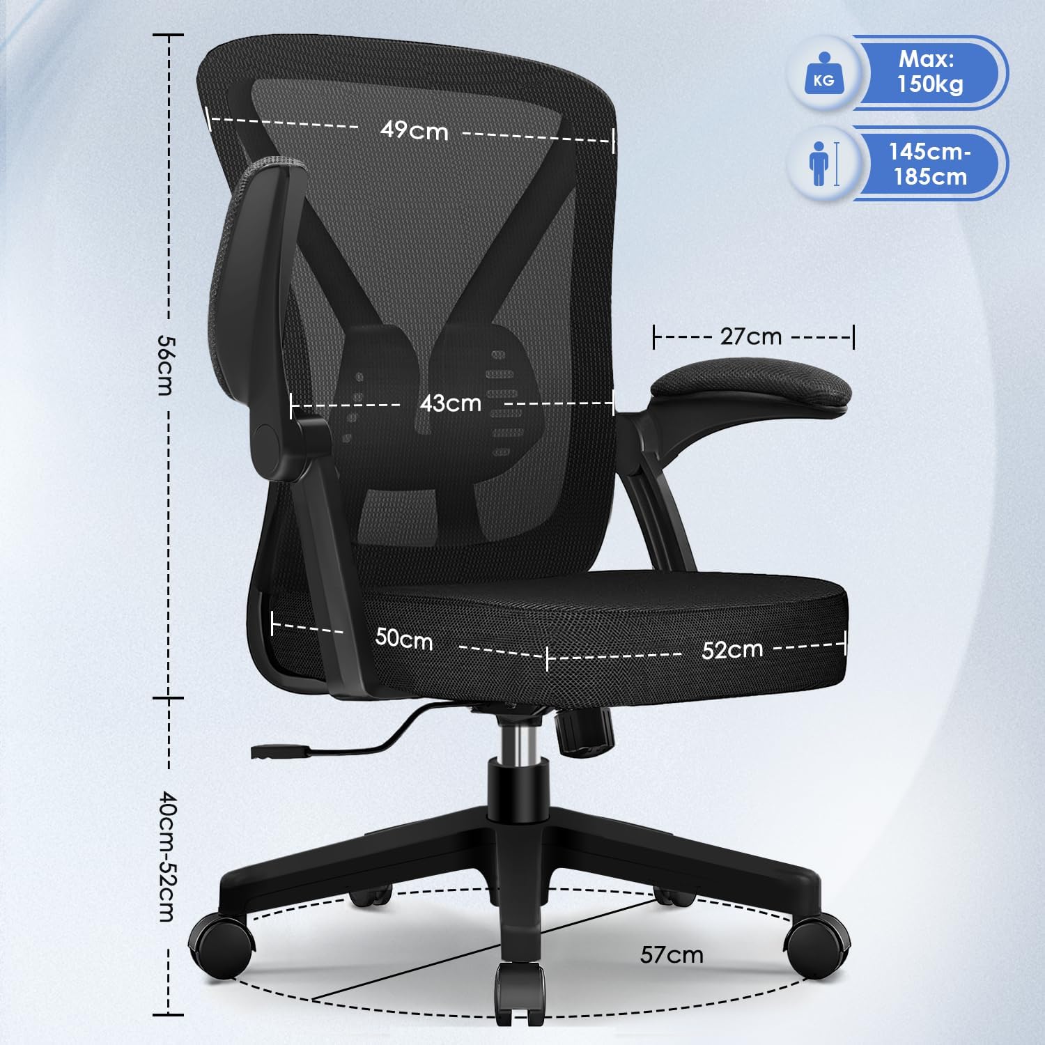 Hinonde Bürostuhl, Schreibtischstuhl mit klappbaren Armlehnen und Wippfunktion, 360° Drehstuhl, höhenverstellbarer Bürostuhl, ergonomischer Home-Office-Stuhl mit atmungsaktivem Netz, bis 150 kg – Bild 3