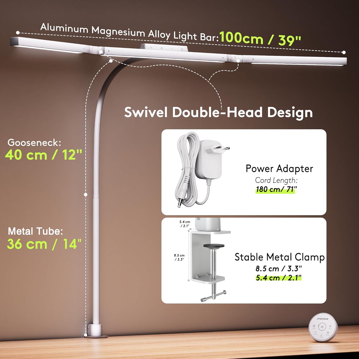 EYOCEAN Schreibtischlampe, Schreibtischlampe mit 3 Lichtquellen, 24W 100cm Tageslichtlampe Schreibtisch mit Fernbedienung, Dimmbare Monitorlampe, Schwanenhals Bürotischlampe – Bild 4