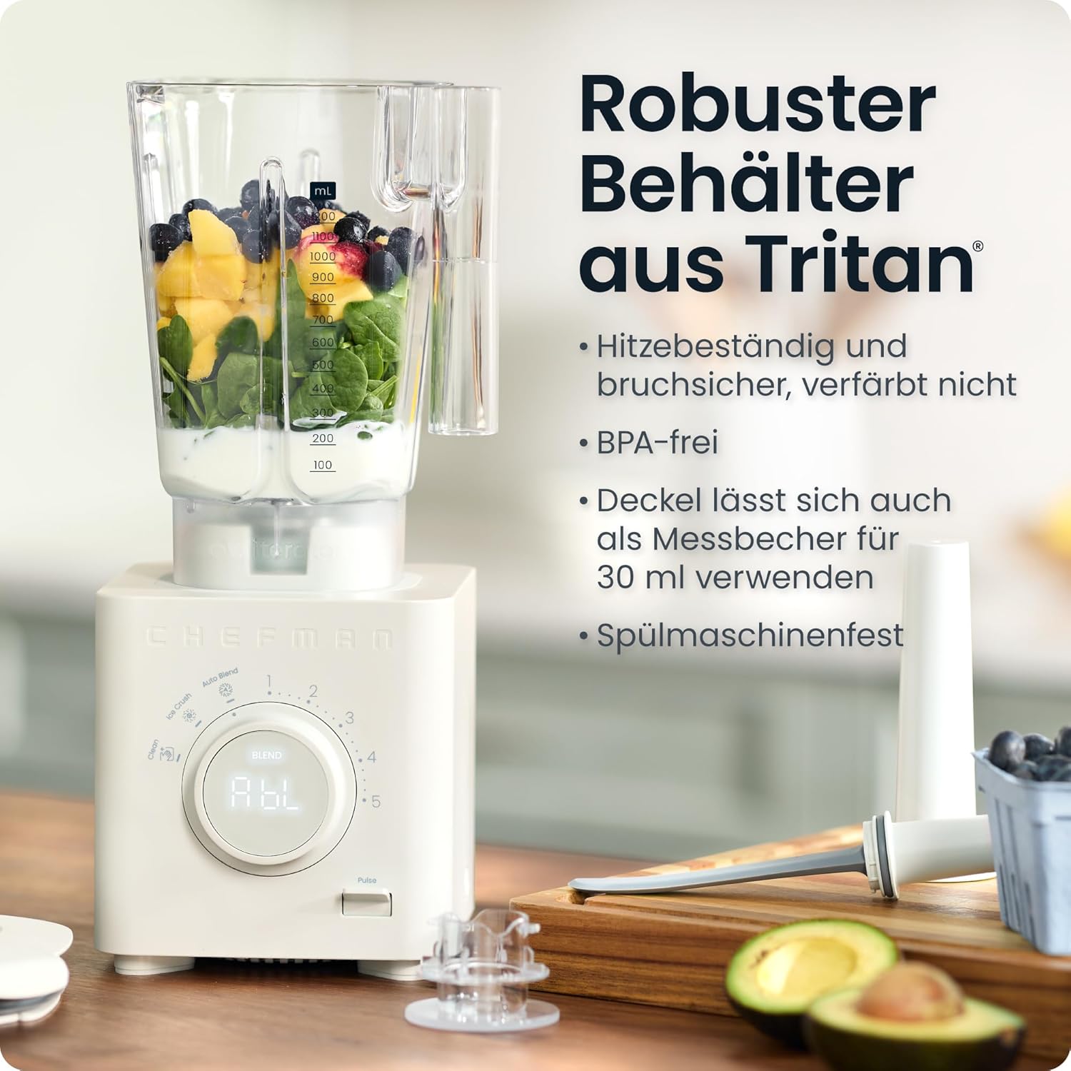 Chefman Obliterator 1,2-l-Mixer für Smoothies, 1350-W-Motor zum Zerkleinern von Eis, Nüssen und gefrorenen Früchten mit Edelstahlklinge, automatische Mischfunktion, inklusive 600-ml-Reisebehälter – Betongrau – Bild 5
