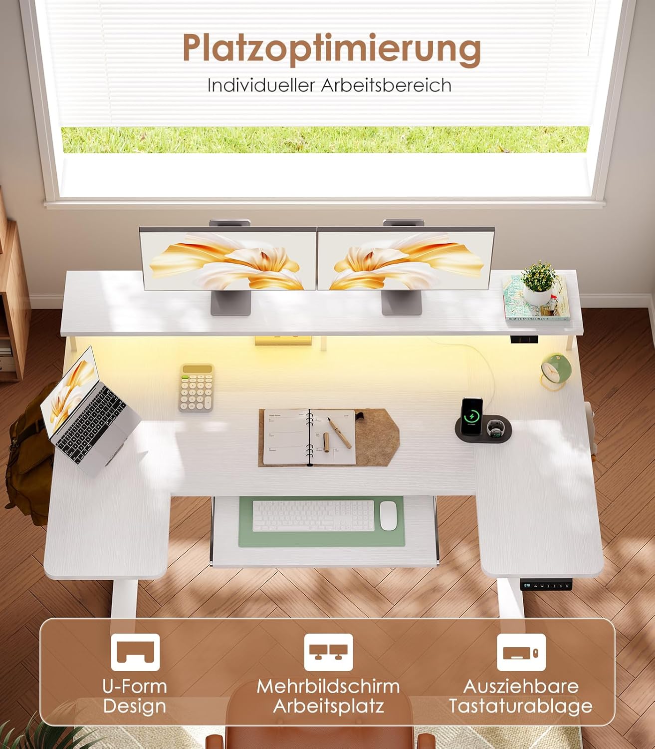 OffiGo U-förmiger höhenverstellbarer Schreibtisch, 140 cm elektrischer Stehsitztisch mit Monitorständer, Steckdosen & USB-Ladeanschluss, Stehpult mit LED, Home-Office-Computertisch, Weiß – Bild 3