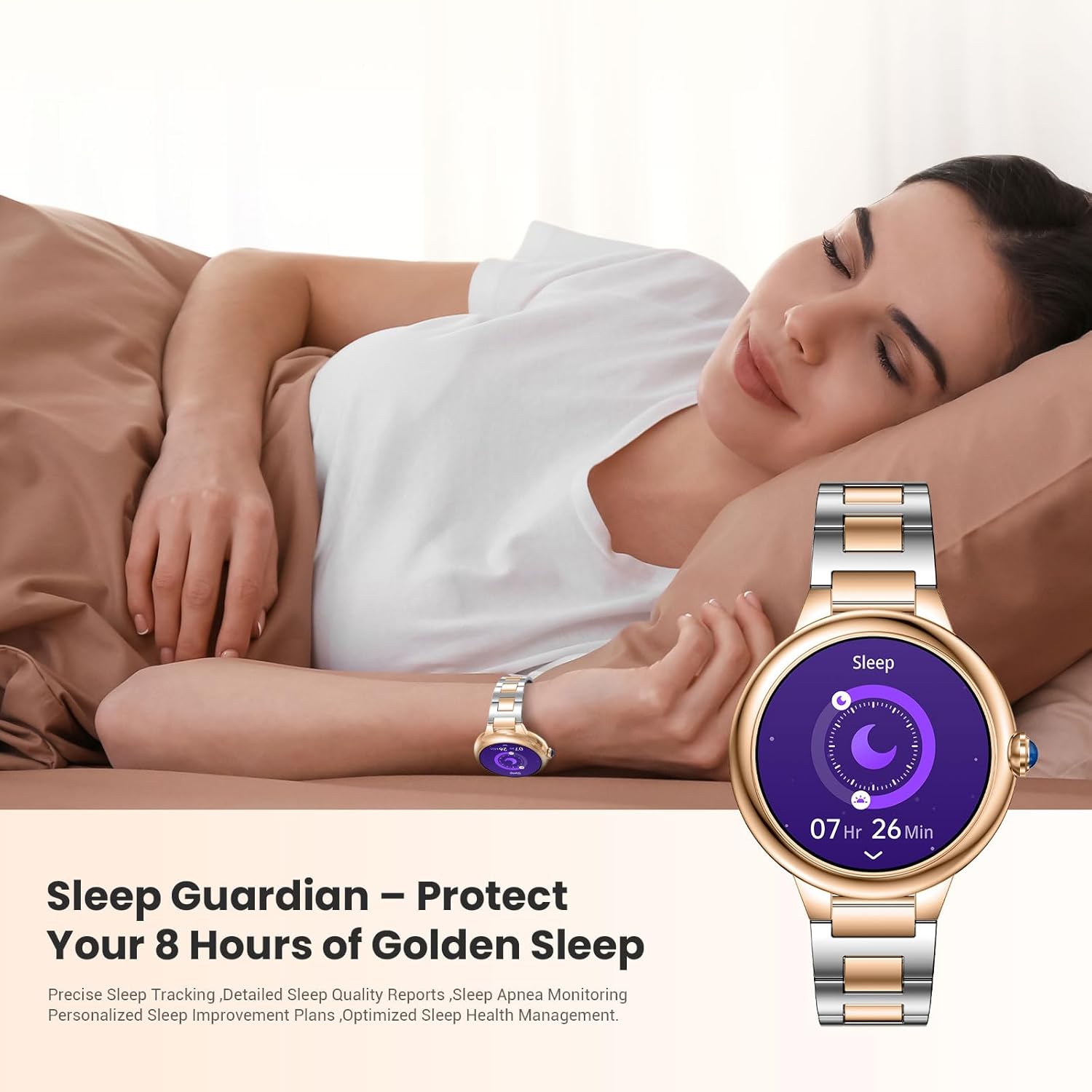 Upgrade Damen Smartwatch mit Telefonfunktion 1,19 Zoll AMOLED Fitness Tracker, 100+ Sportmodi, IP67 Wasserdicht mit Herzfrequenz SpO2 Schlafmonitor Schrittzähler Smartwatch für iOS Android Silber Gold – Bild 8