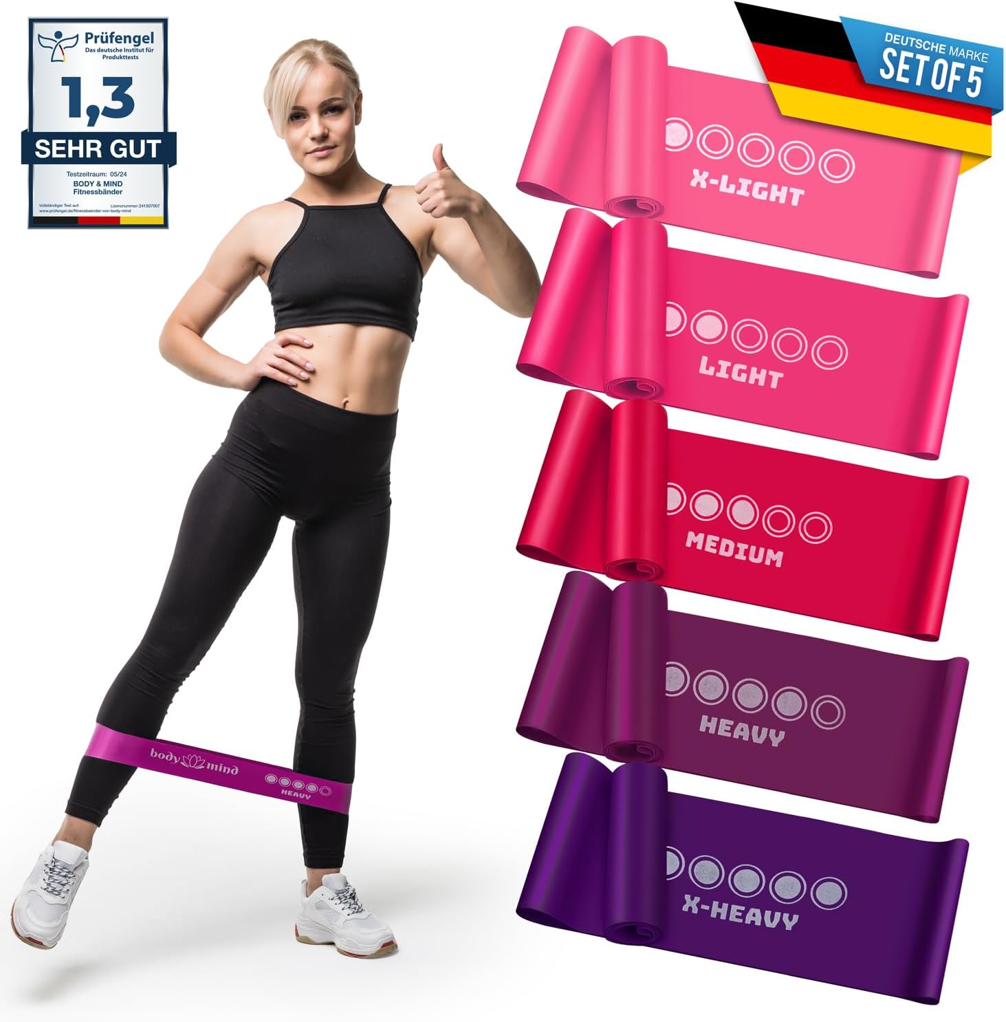 Body & Mind® Fitnessbänder 5 Stück Widerstandsbänder in 5 Stufen, Widerstandsbänder Trainingsbänder Gymnastikbänder 5er Set für Muskelaufbau, Yoga, Pilates & Work-Out; Sportband 100 % Latex
