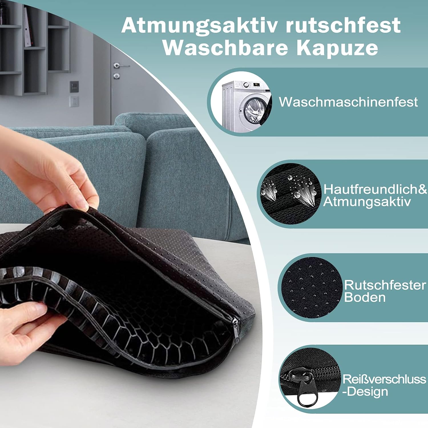 HSSGGV Waben-Gel-Sitzkissen, rutschfester Bezug, atmungsaktiv, für Auto, Bürostuhl und Rollstuhl (schwarz, 44 x 39 x 4 cm) – Bild 3