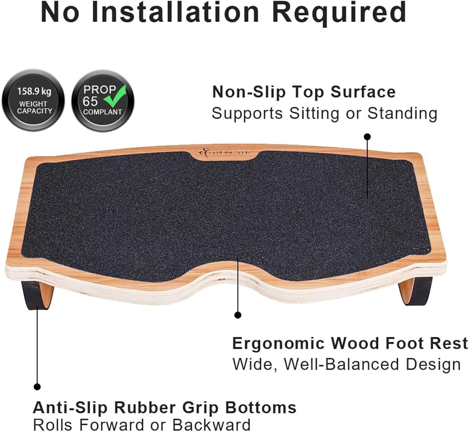 StrongTek Fußstütze unter dem Schreibtisch, Schreibtisch-Fußstütze, Schaukelfuß-Pflegehocker, Rocker Balance Board, Naturholz, rutschfest, ergonomische Druckentlastung zur Haltungsunterstützung, Zuhause, Büro (18 B x 11 L) – Bild 2