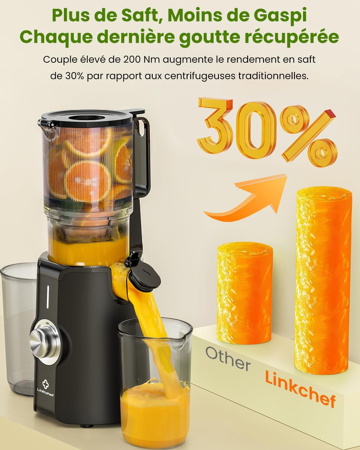 LINKChef Slow Juicer, Entsafter Gemüse und Obst, Testsieger mit 115 mm großem Entsafter, Kaltentsafter für ganze Früchte/Gemüse, Blitzreiniger, einfache Installation, BPA-frei, 200 W, Schwarz – Bild 4