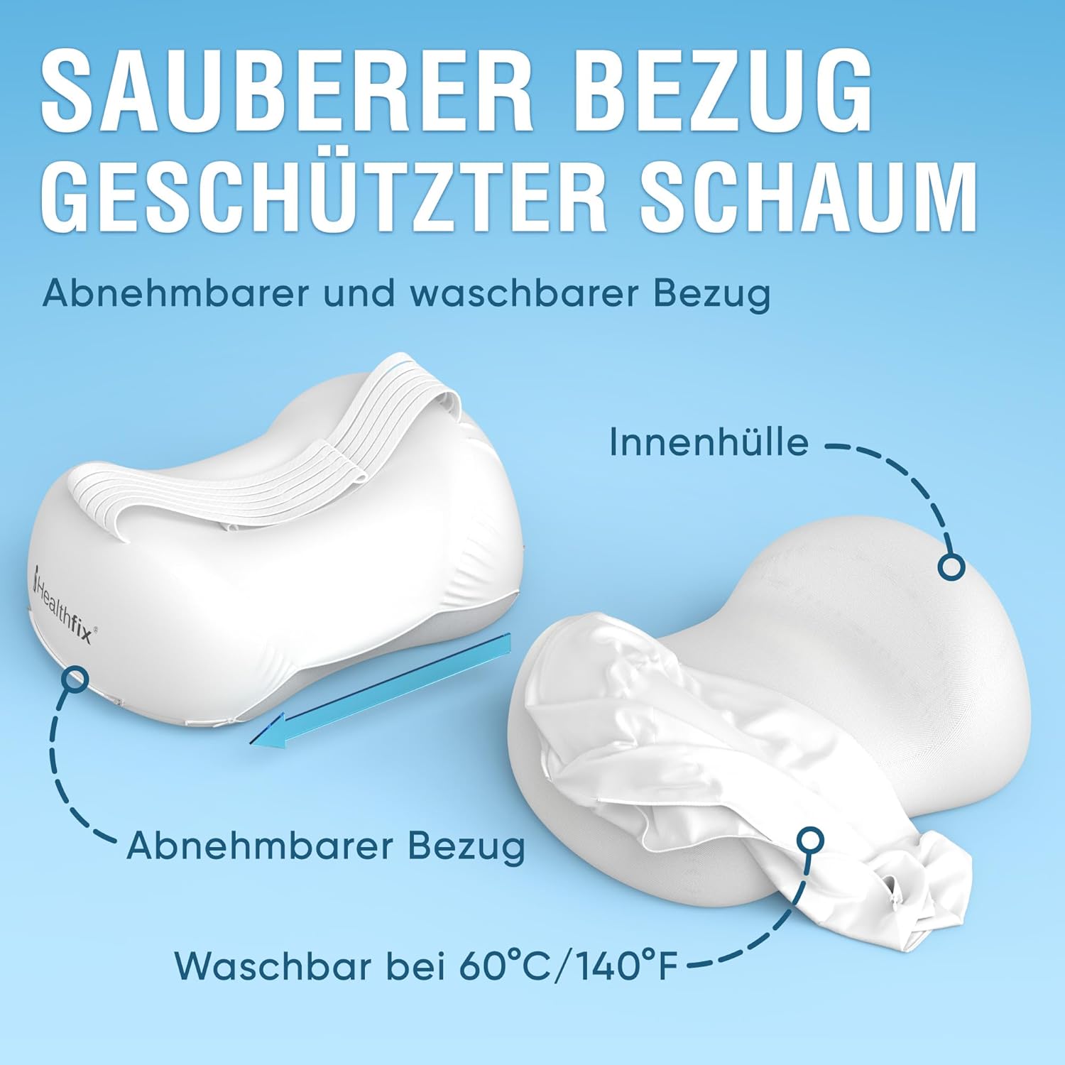 Healthfix Kniekissen für Seitenschläfer, orthopädisches Beinkissen zum Schlafen mit Gurt, 2 Stück, Memory-Schaum, kühlender, waschbarer Bezug (weiß) – Bild 9