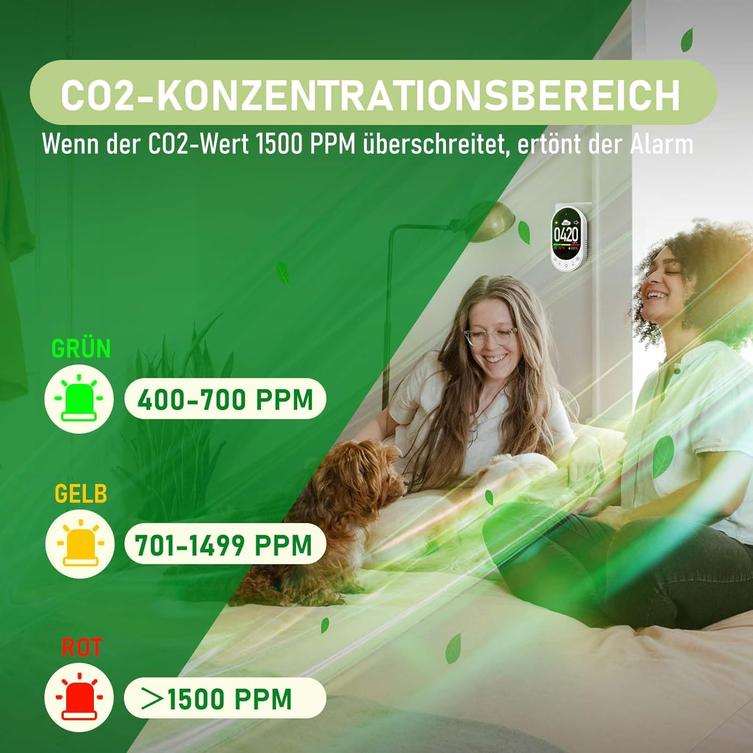 LSENLTY Kohlendioxid-Messgerät, 3-in-1-CO2-Messgerät (Temperatur, Luftfeuchtigkeit und CO2-Wert), hochpräzises CO2-Detektormessgerät, Luftqualitätstester mit Alarmfunktion und manueller Kalibrierung – Bild 5