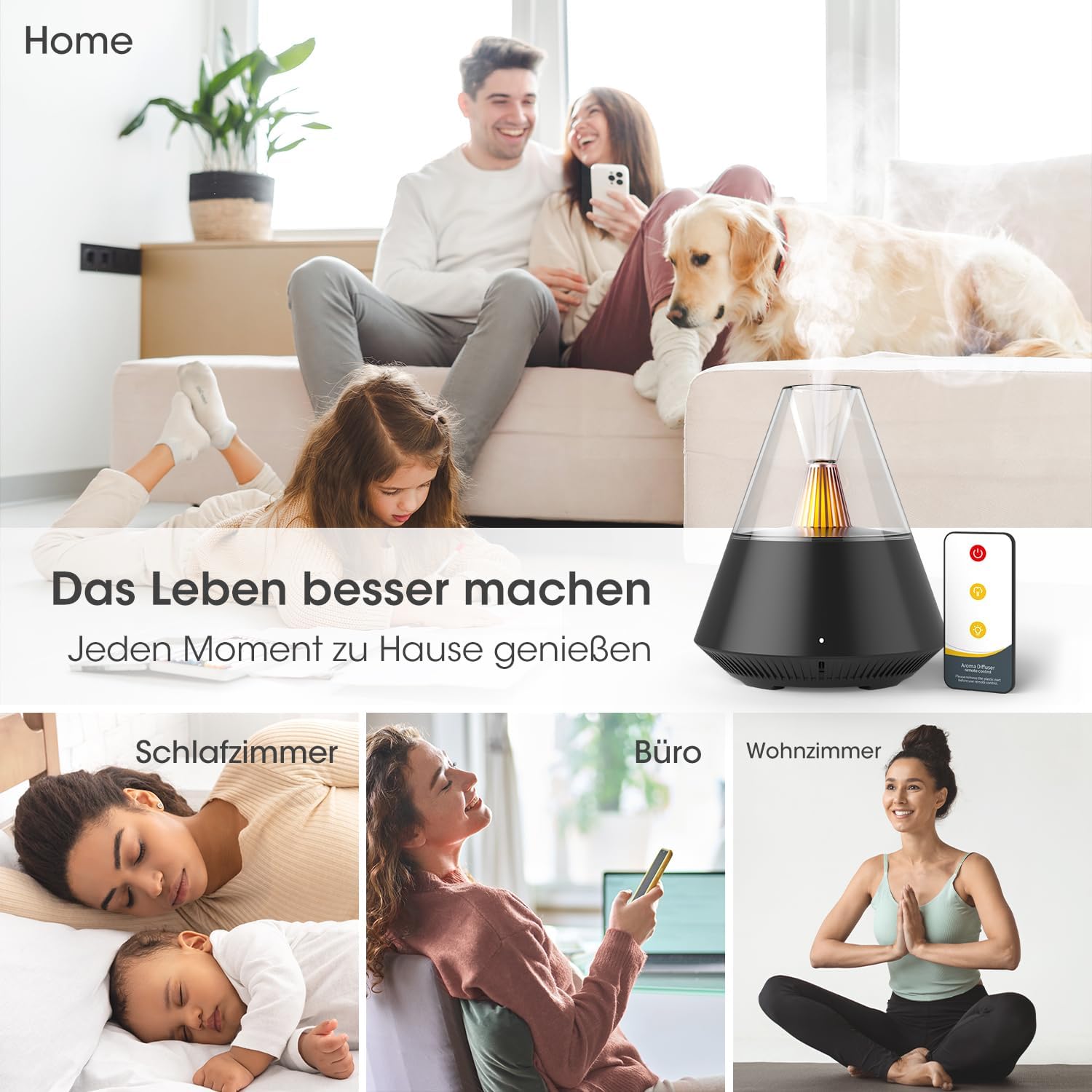 Diffusor für ätherische Öle, Diffusor mit Kerzenlicht, moderne Aroma-Duftlampe im Vulkan-Design, 150 ml Ultraschall-Luftbefeuchter mit Fernbedienung, 12-24H automatische Abschaltung, schwarz – Bild 5