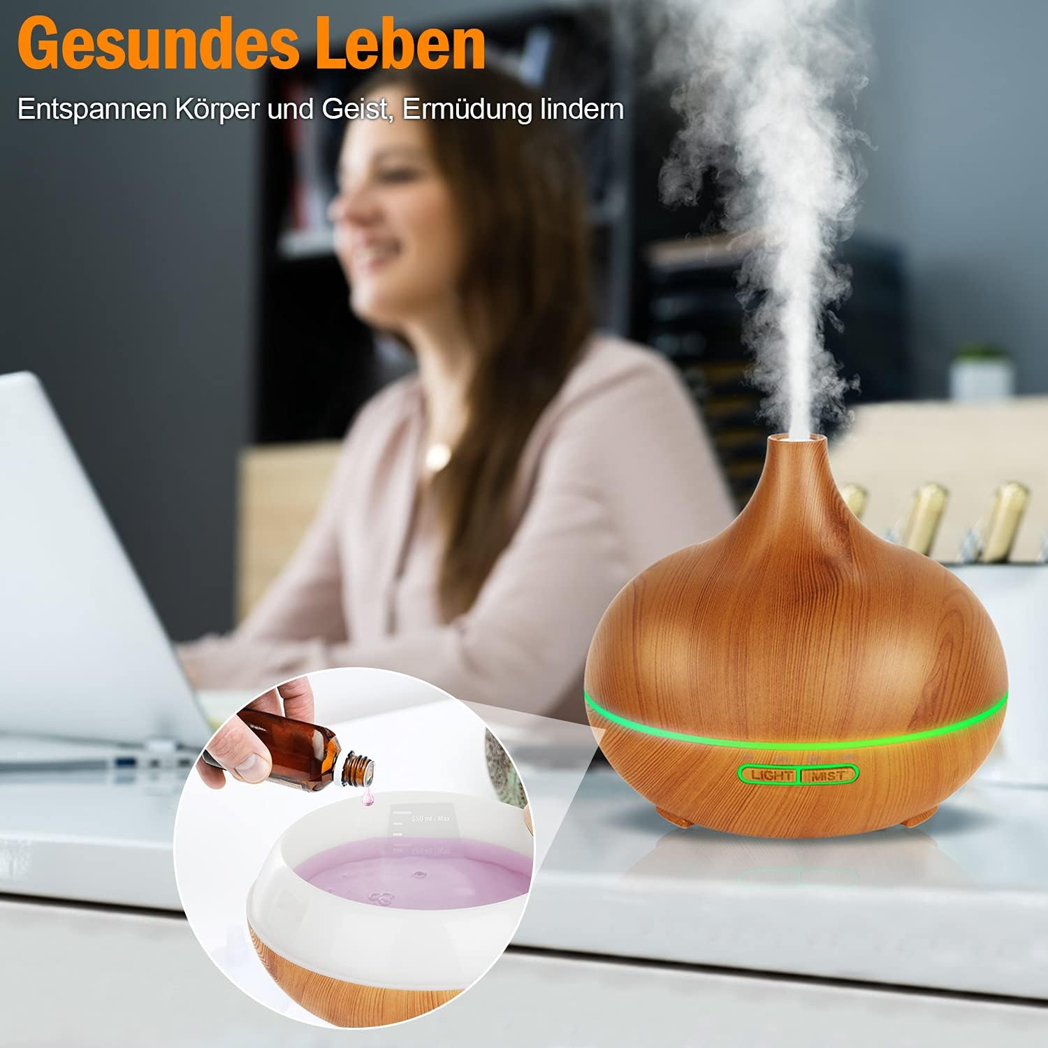 Aromadiffusor für ätherische Öle, 550 ml Duftdiffusor, BPA-freier Aromatherapie-Luftbefeuchter mit 4 Timer-Einstellungen für Zuhause, Büro, Yoga – Bild 5
