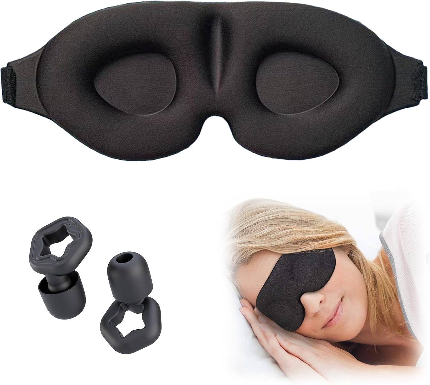 2 Stück Augenmaske Schlafmaske für Herren und Frauen, 3D Lichtblockierende Schlafmaske Bequem Atmungsaktiv Druckfrei mit Verstellbar Gummiband für Reisen, 3 Paar Ohrstöpseln (Schwarz)