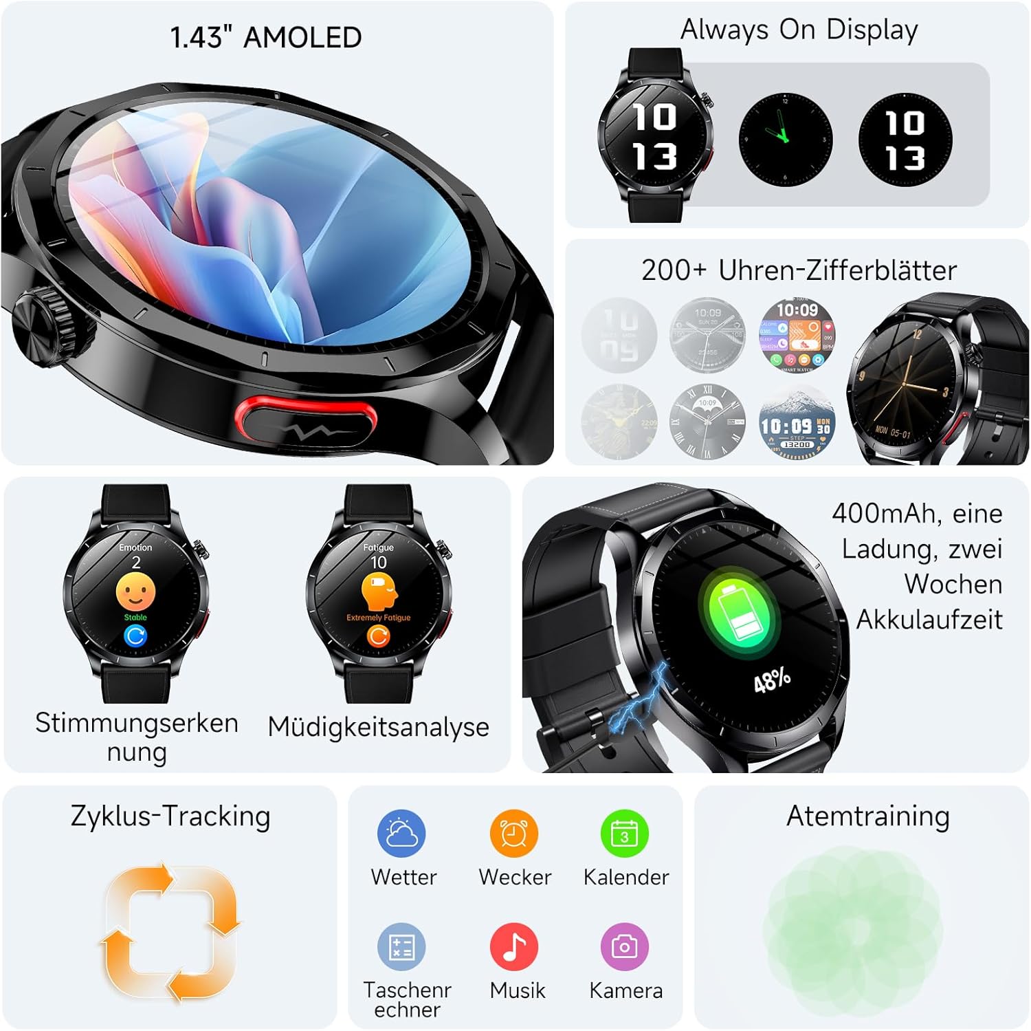 Herren-Smartwatch mit EKG + HRV/B-Druckmessung/Harnsäure/BMI, 1,43 Zoll AMOLED-Gesundheitsuhr mit SOS-Notruf, 24/7 Herzfrequenz-/Apnoe-/Schlafmonitor/SpO2, Android/iOS (schwarzes Leder) – Bild 7