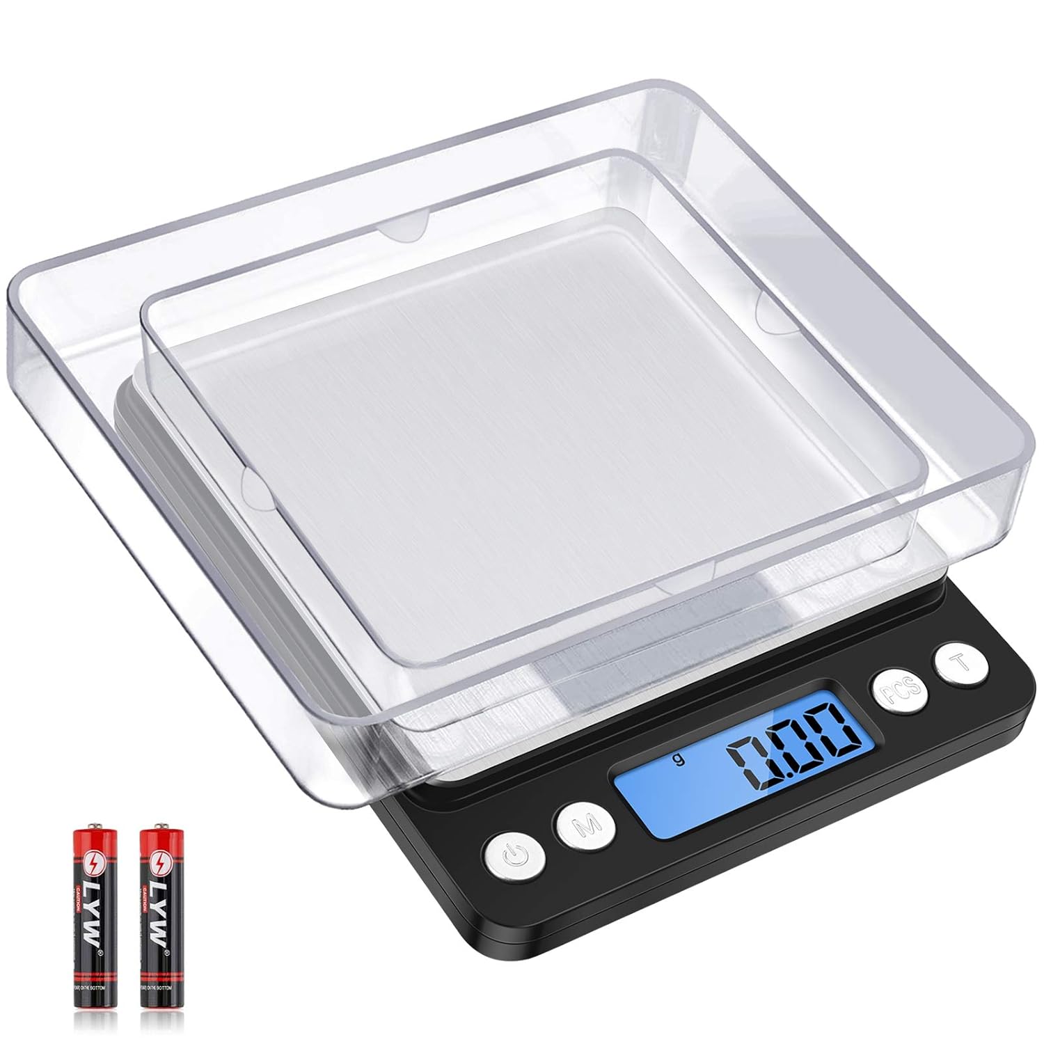 Diyife Präzisionswaage 500 g/0,01 g, Briefwaage, Taschenwaage, hohe Präzision, LCD-Display mit Hintergrundbeleuchtung, Küchenwaage mit Tara-Funktion und PCS, mit 2 Ablagen und Batterien – Schwarz