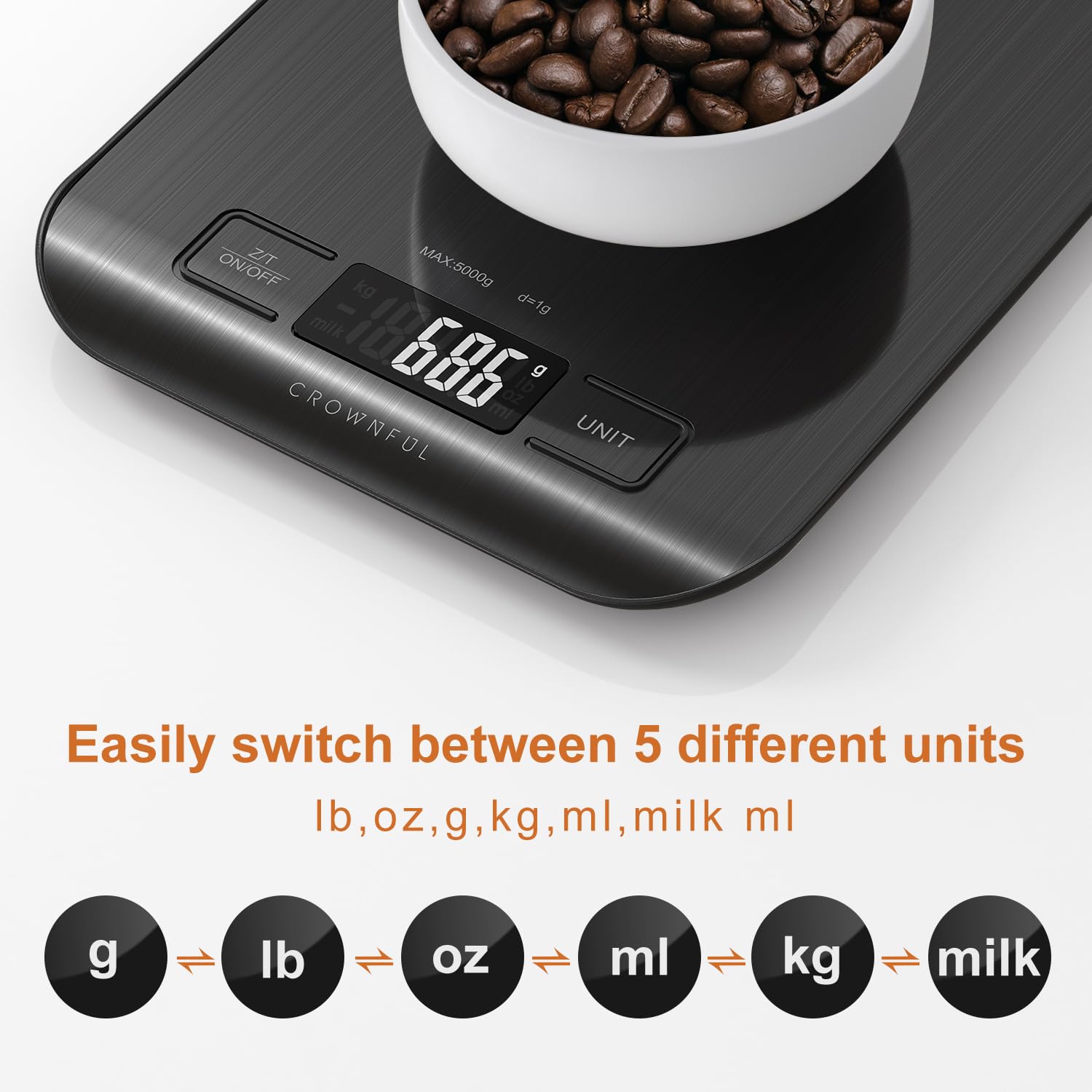 CROWNFUL Digitale Küchenwaage, 5 kg Digitale Küchenwaage mit LCD-Display, Gewicht Unzen und Gramm zum Kochen und Backen, 6 Einheiten mit Tara-Funktion, 304 Edelstahl (Schwarz) – Bild 2