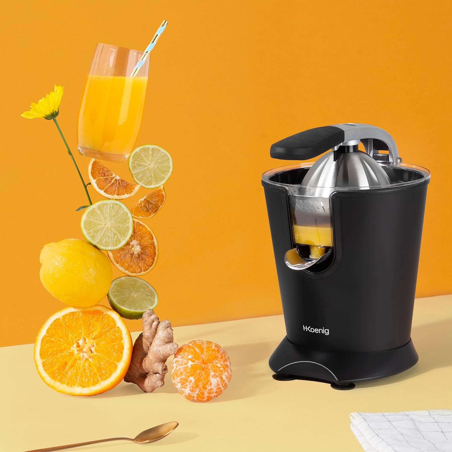 H.Koenig Elektrische Zitruspresse AGR82 BPA-frei, Orangen-, Zitronen-, Grapefruitsaft, schnell, automatisch, leise, leistungsstark, 160 W, Tropfstopp, spülmaschinenfest, schwarz – Bild 2