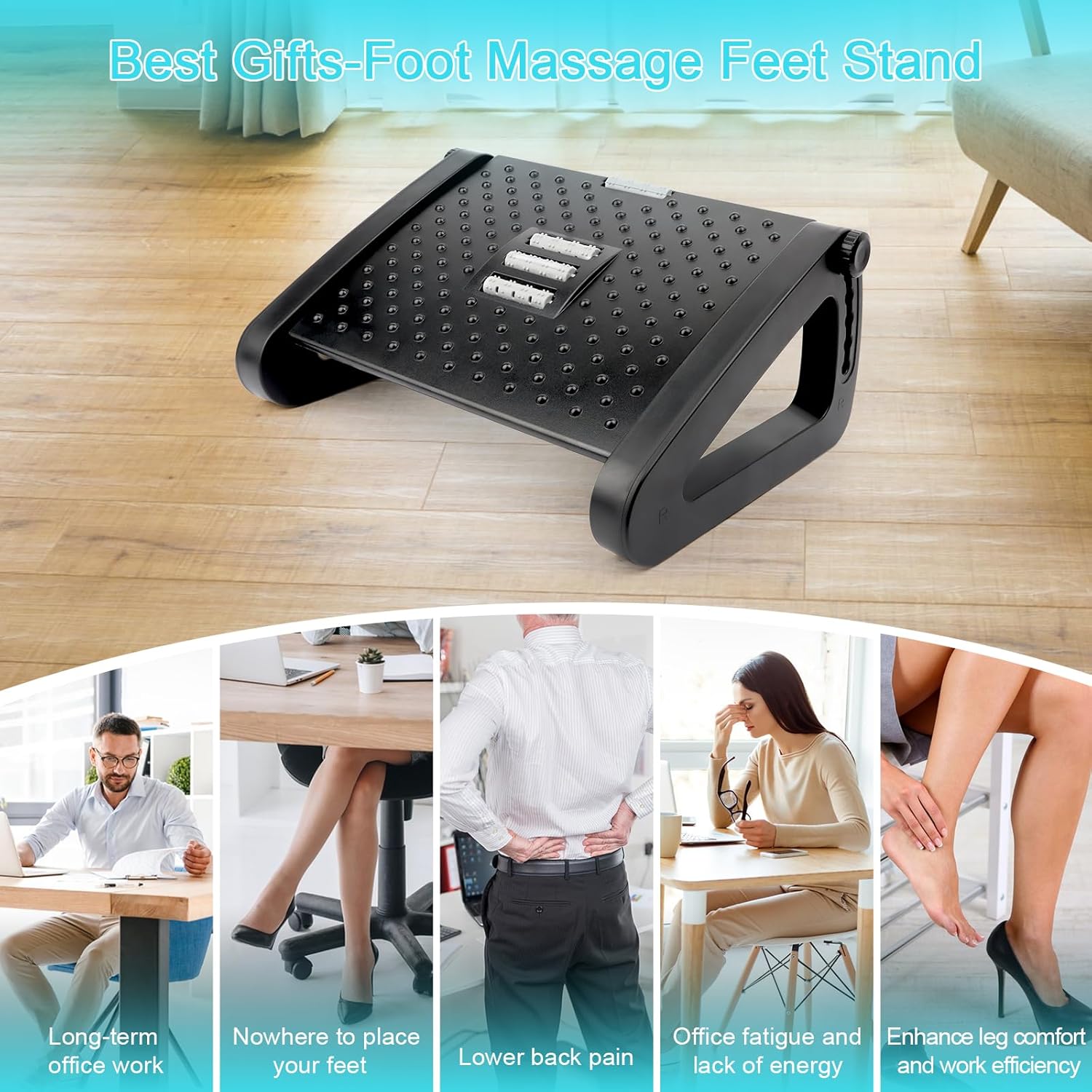 Verstellbarer Fußhocker für Schreibtisch, MXTIMWAN 6 höhenverstellbarer Fußhocker, ergonomische rutschfeste Fußstütze mit Massagefunktion zur Entlastung von Bein, Knie und Rücken für Büro und Zuhause – Bild 7