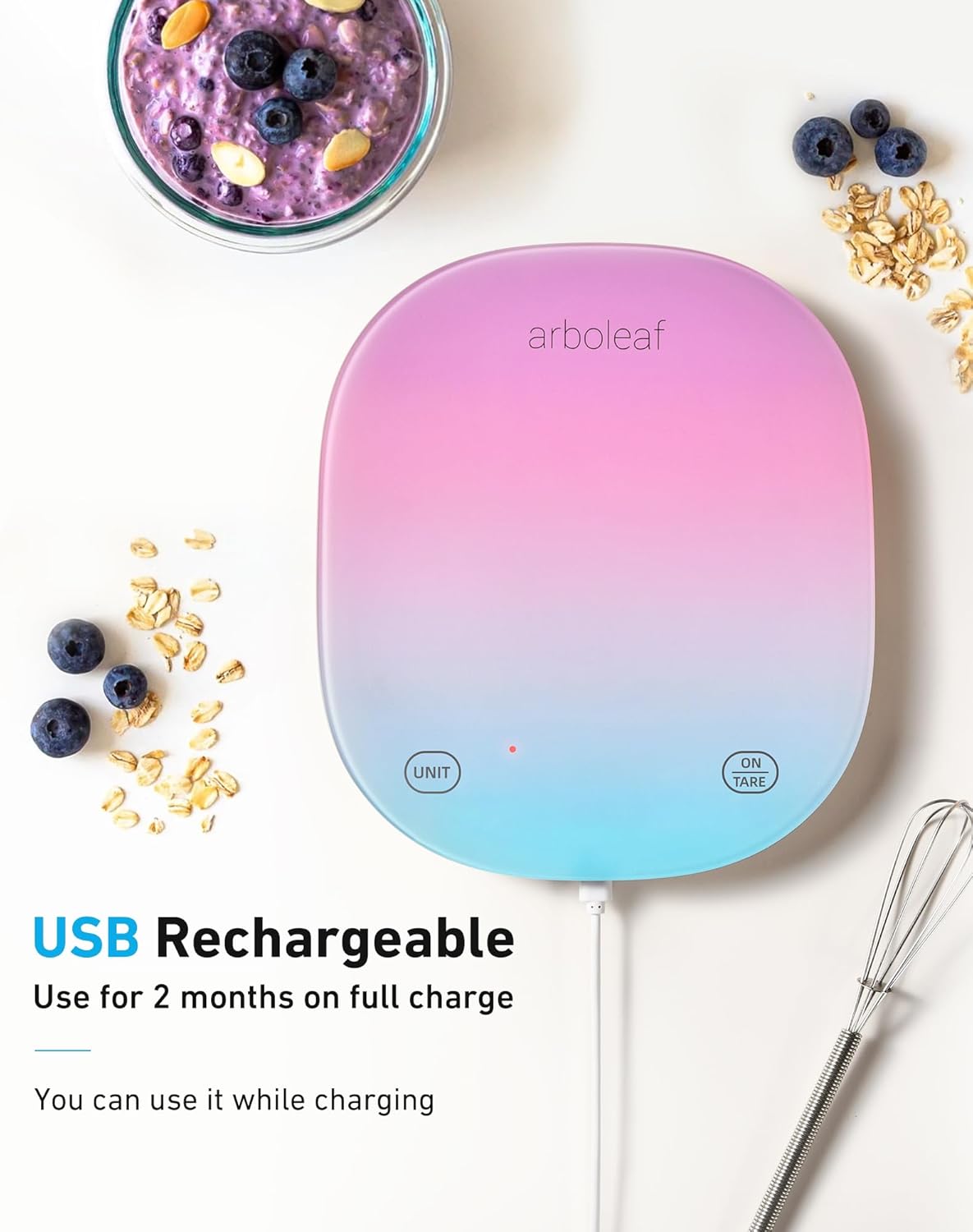 arboleaf Küchenwaage mit App 10 kg, digitale Küchenwaage mit Kalorienzähler, Waage Küchenwaage USB wiederaufladbar mit Bluetooth und LED-Anzeige, Lebensmittelwaage 0,5 g Genauigkeit aus gehärtetem Glas (bunt) – Bild 2