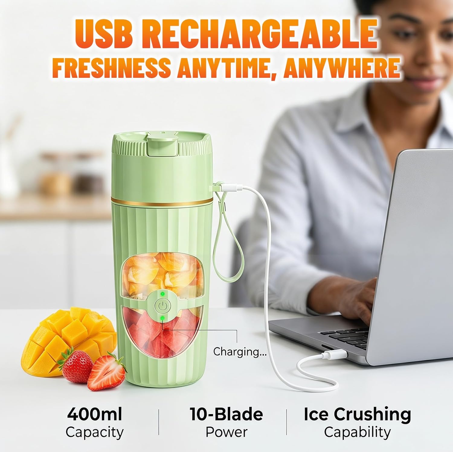 Tragbarer Mixer 400 ml, wiederaufladbarer USB-Smoothie-Maker mit 10 Edelstahlklingen, Mini-Mixer 60 W, tragbarer Mixer für Shakes, Saft, Smoothies & Babynahrung, für Reisen, Fitnessstudio, Büro (Grün) – Bild 5
