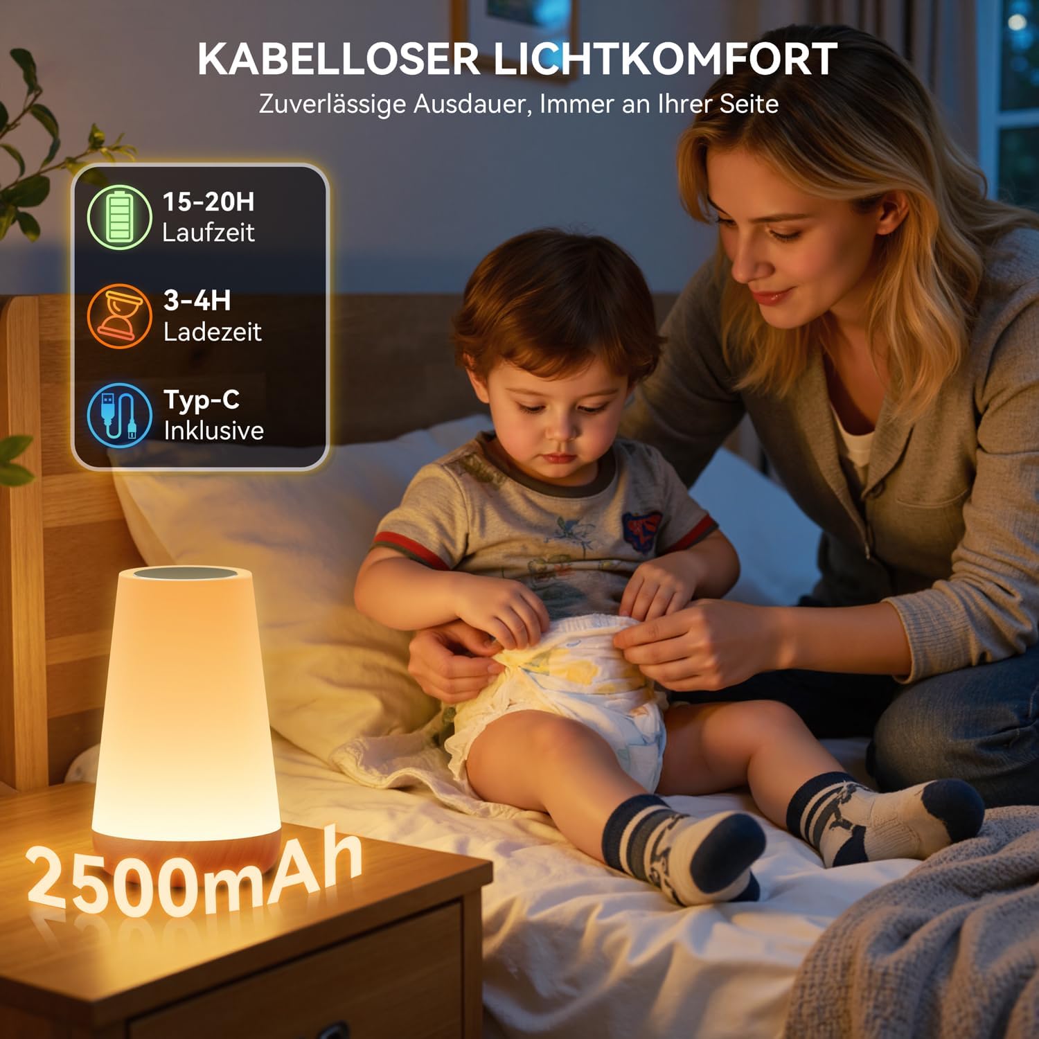 Auxmir Nachttischlampe, Nachtlicht, Touch-dimmbar mit 13 Farben und 4 Modi, LED-Tischlampe, USB wiederaufladbar mit Fernbedienung, Nachtlampe mit Timing-Funktion für Schlafzimmer, Wohnzimmer, Licht – Bild 2