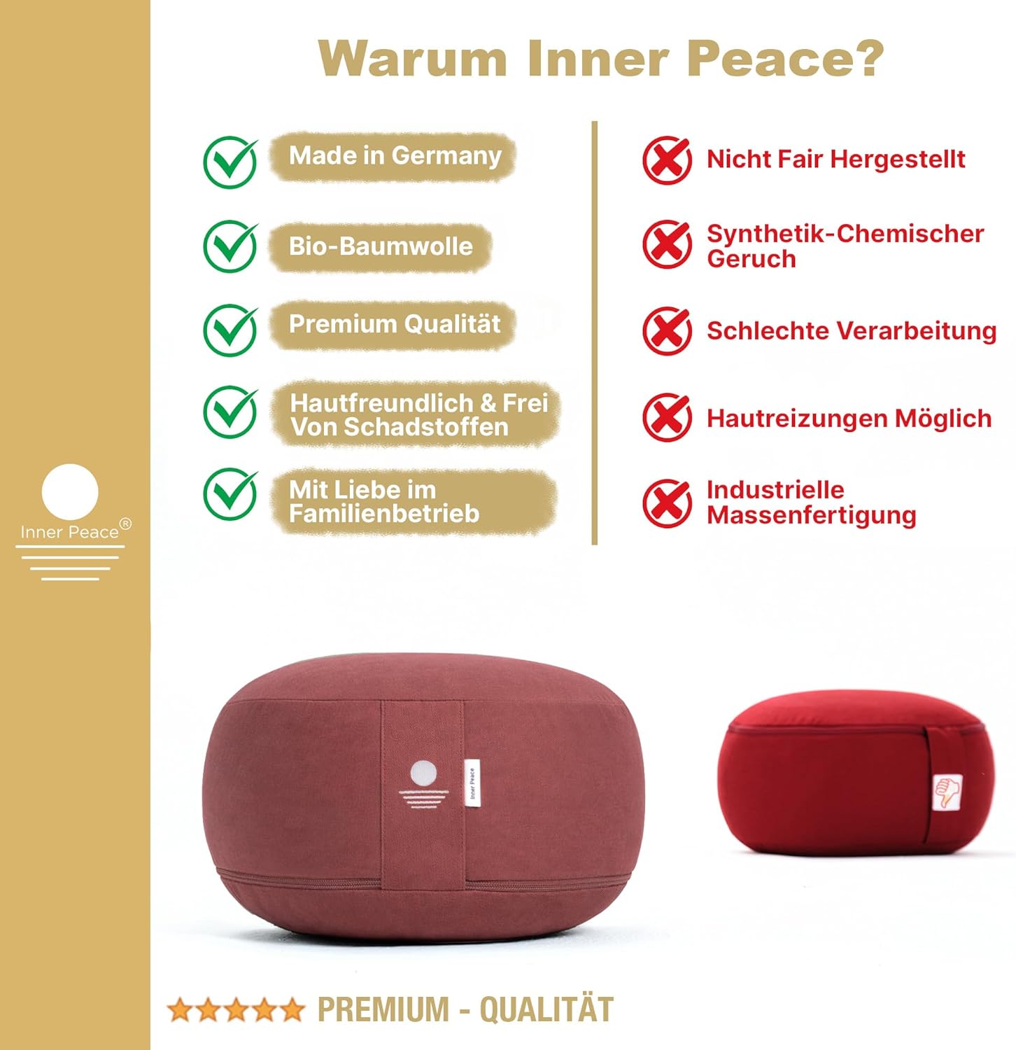 Inner Peace Yogakissen Meditationskissen aus 100 % Bio-Baumwolle und mit Bio-Dinkelspelzfüllung | Yogakissen Rundes Yoga-Sitzkissen, Yogakissen-Meditationskissen, Yoga-Meditationskissen – Bild 2