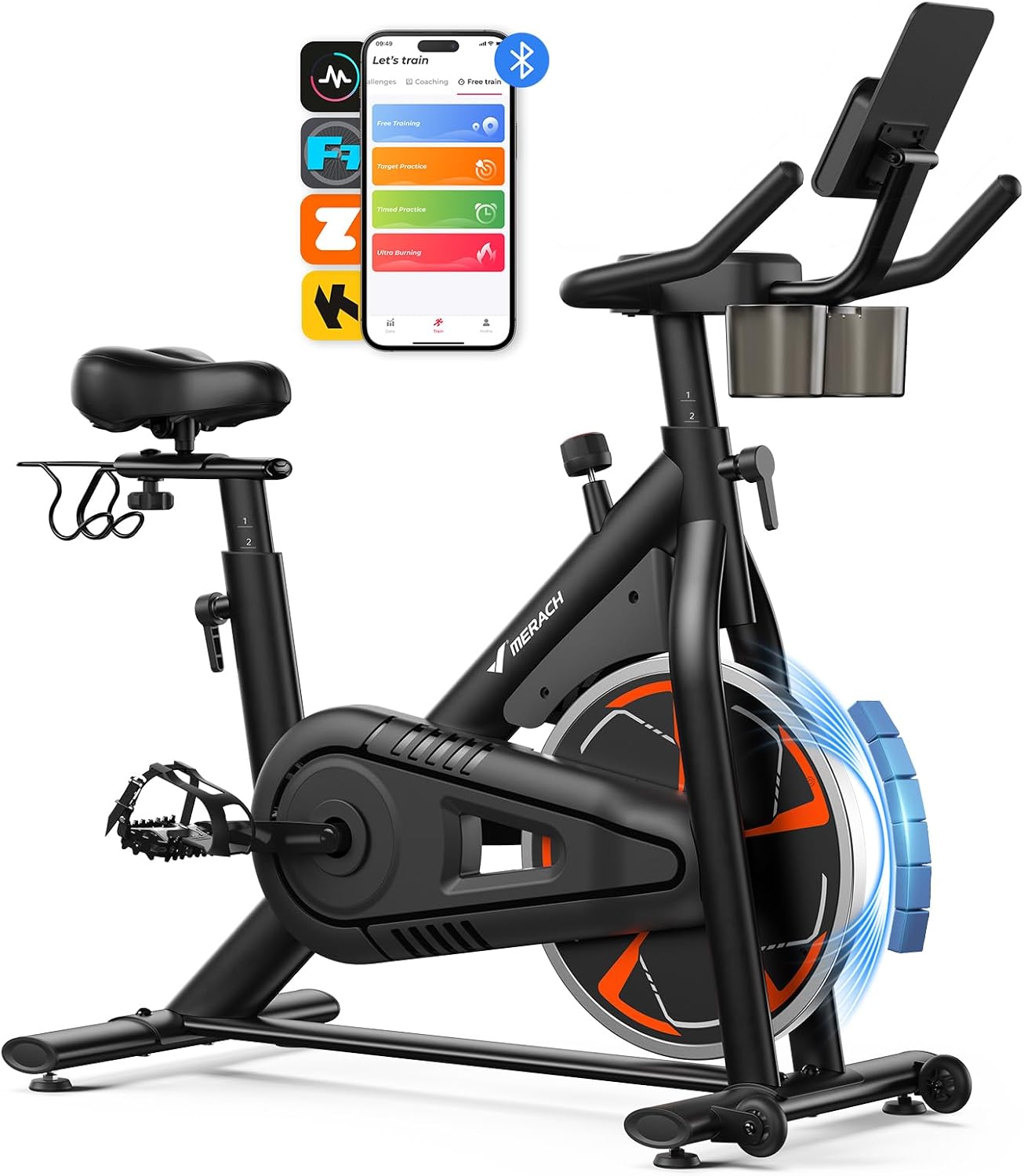 MERACH Heimtrainer mit magnetischem Widerstand, leises Heimtrainer-Fahrrad mit verbessertem stoßdämpfendem Luftpolstersattel, eigener App, stabiler H-Rahmen für besseren Halt, bis zu 150 kg