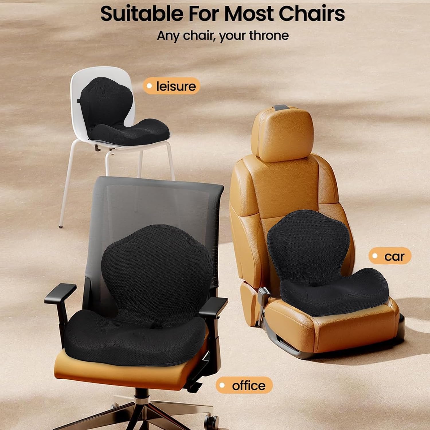 GOFORIT 2-in-1 Sitzkissen & Rückenstütze – Ergonomisches Set aus doppeltem Memory-Schaum, Lordosenstütze für Bürostuhl & Autositz, Druckentlastung am Steißbein, rutschfest & waschbar, (Schwarz) – Bild 7