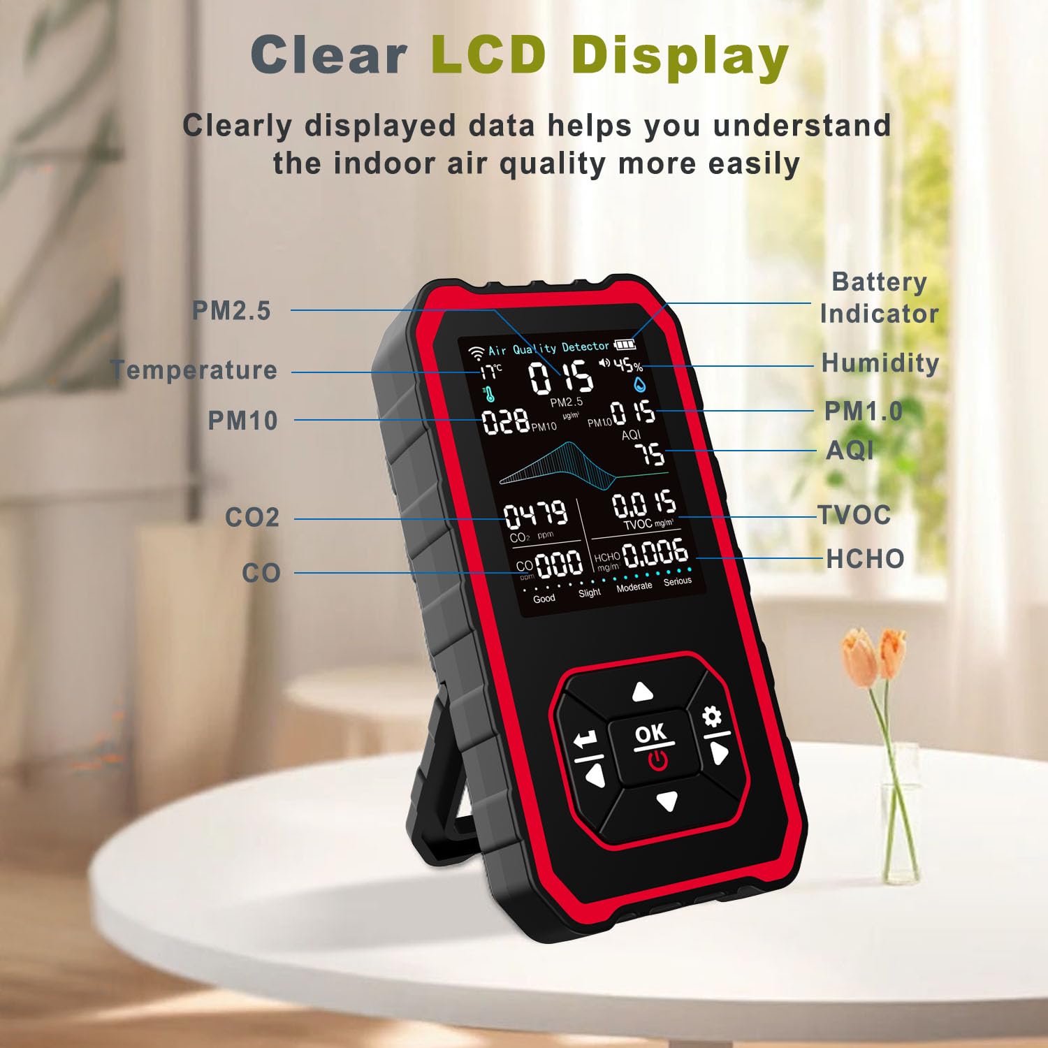 10-in-1-Raumluftqualitätsdetektor, PM-Detektor, CO2-Monitor, mit Temperatur und Luftfeuchtigkeit zum Testen von PM2,5/PM10/HCHO/TVOC/AQI, USB-Aufladung für Heimbüros oder Schulen – Bild 3