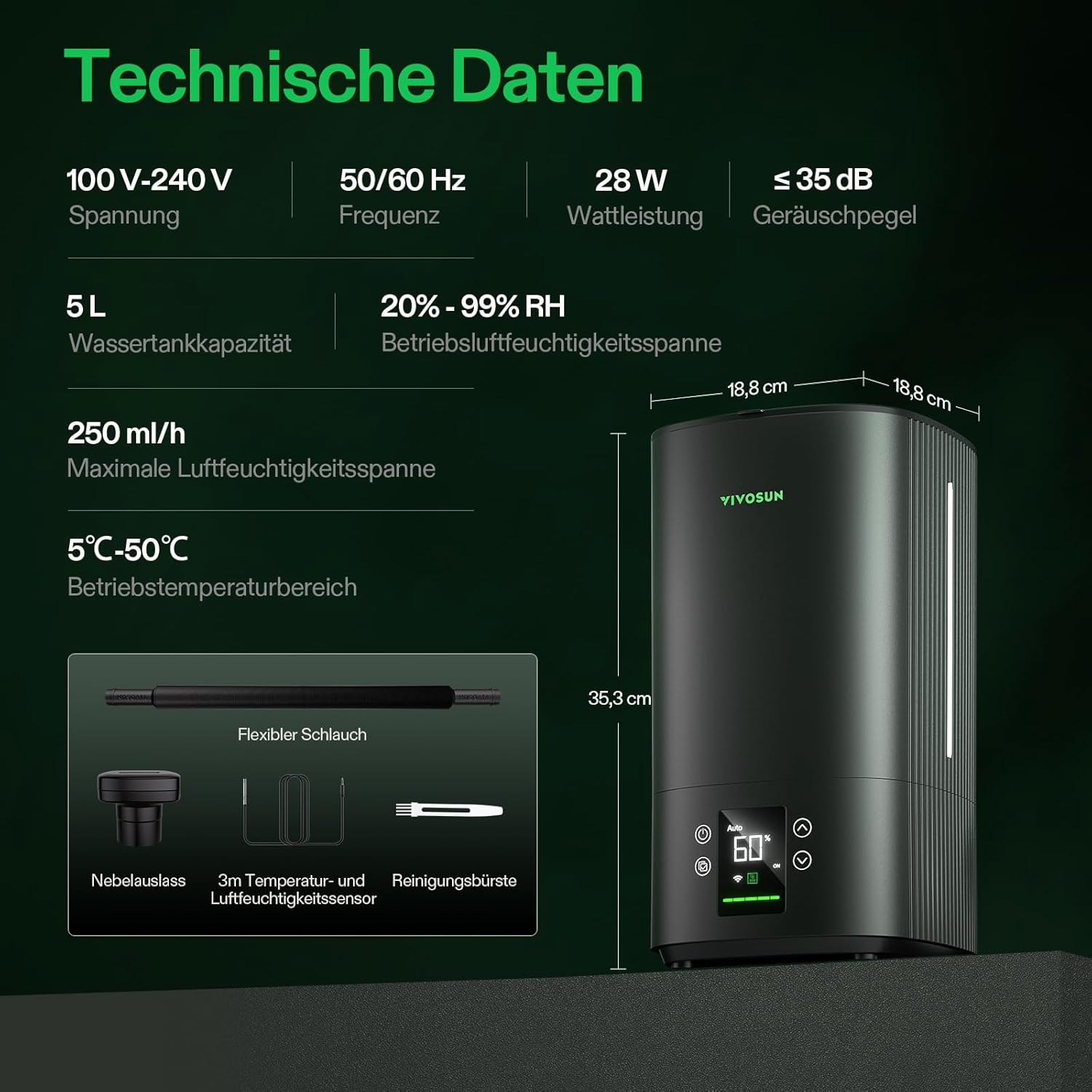 VIVOSUN Pflanzenbefeuchter, 5 l, intelligenter Luftbefeuchter für Pflanzen, AeroStream H05, 24 dB, leise, 360° kühler Nebel, 50 Stunden, langlebig, Top-Fill-Ultraschall, entwickelt für Wachstumszelte, Growbox – Bild 7