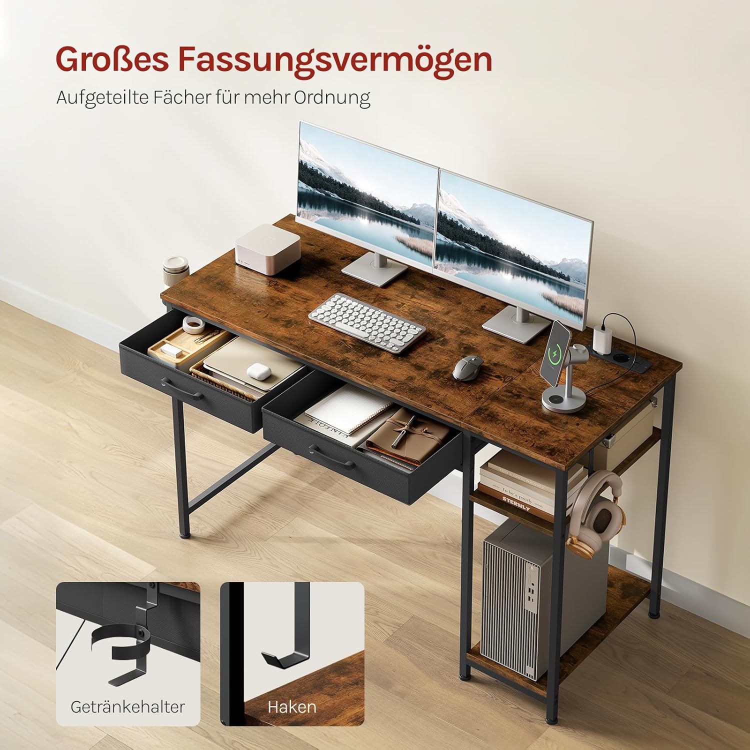 WOLTU Schreibtisch mit 2 Schubladen, 2 Steckdosen, USB- und Typ-C-Anschluss, Kopfhörerhaken und Ablagen – Computertisch für Büro und Wohnzimmer, 120 x 51 x 75 cm, Rustikales Braun – Bild 5
