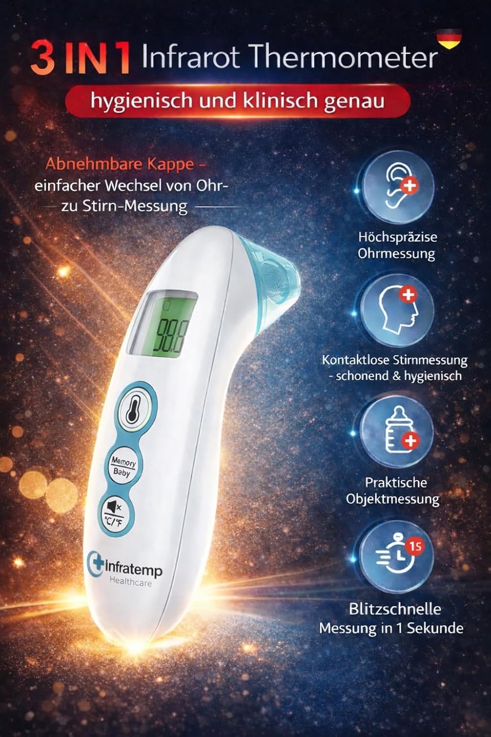 Fieberthermometer, berührungslos für Stirn und Ohr, Alterspräzision, Farbdisplay, Speicher für Babys/Kinder/Erwachsene, 3 in 1 Meter – Bild 5
