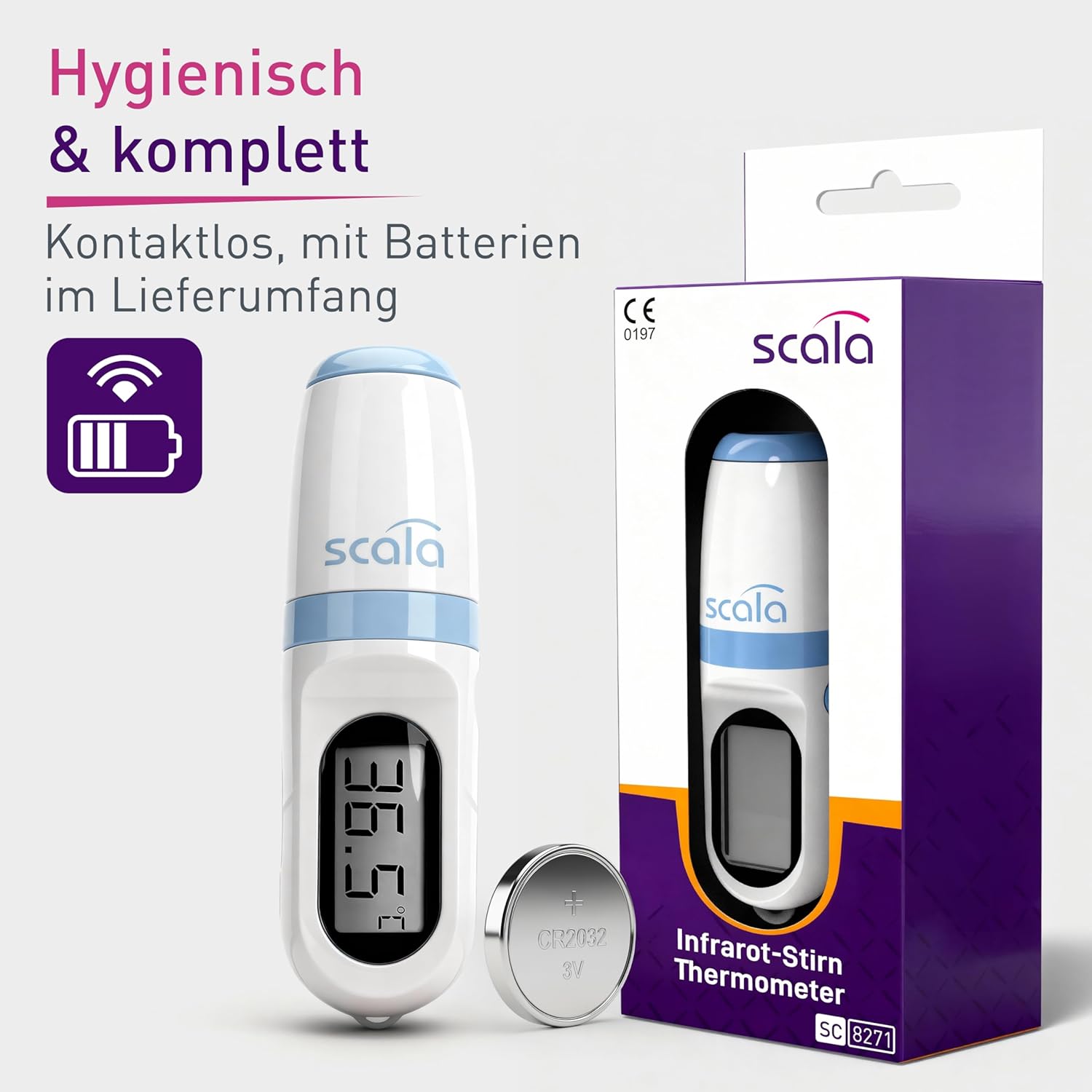 scala SC 8271 Infrarot-Fieberthermometer berührungslos – Stirnthermometer für Kinder und Erwachsene – Digitales Fiebermessgerät mit 1 Sekunde Messzeit, Signalton & Speicher für 9 Messwerte – Bild 6