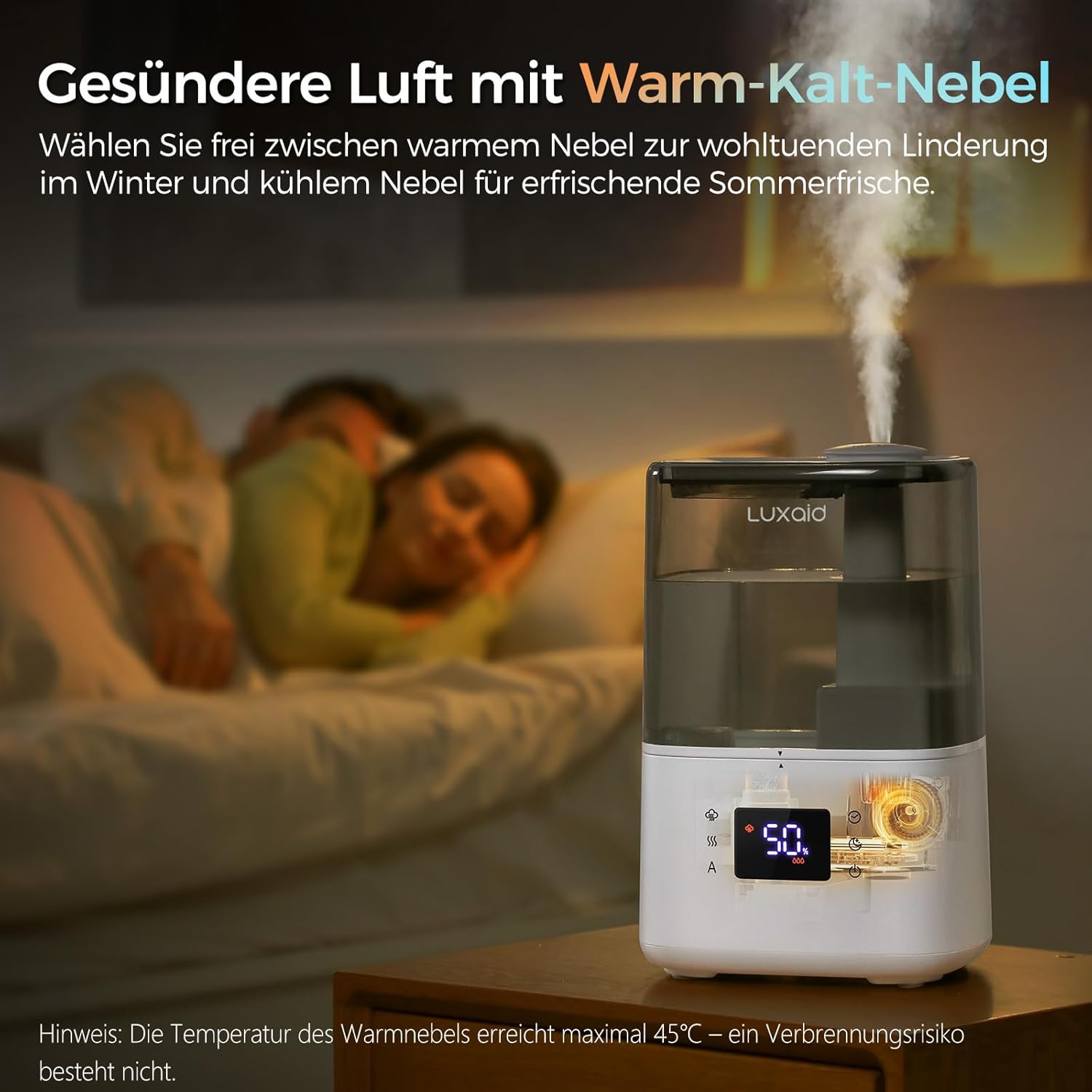 Luftbefeuchter Schlafzimmer für den 4,5L Warm- und Kaltnebel, Ultraschall Luftbefeuchter mit Fernbedienung & Hygrostat, Top-Fill,45h Laufzeit, 28dB Leise, Timer, Auto-Abschaltung, HU-802 – Bild 2