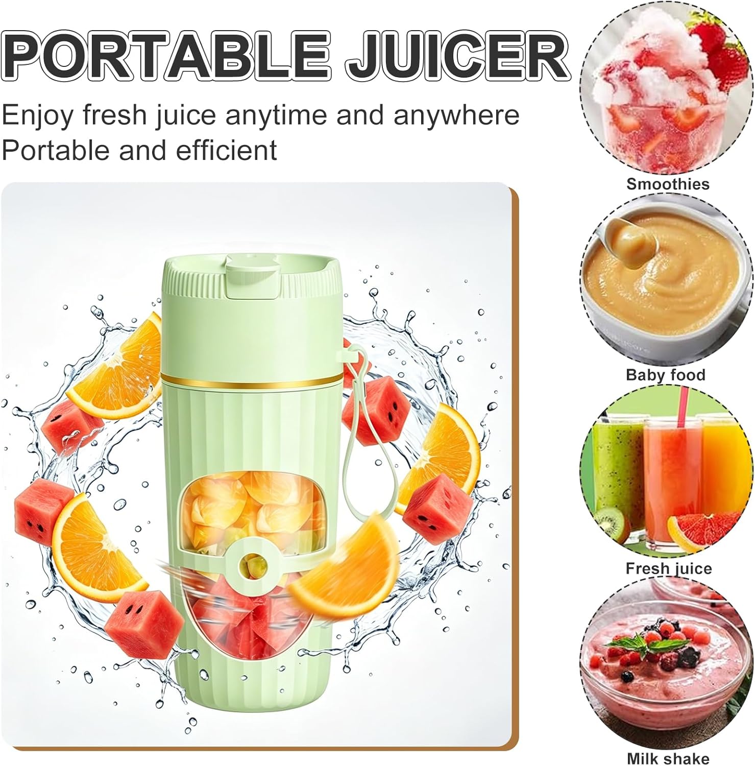 Tragbarer Mixer, 400 ml kleiner Entsafter, 65 Watt, USB-Ladegerät Smoothie Maker, Fresh Juice Mixer mit 10 rostfreien Klingen, Mini-Standmixer für Shakes Saft Smoothies (Grün) – Bild 3