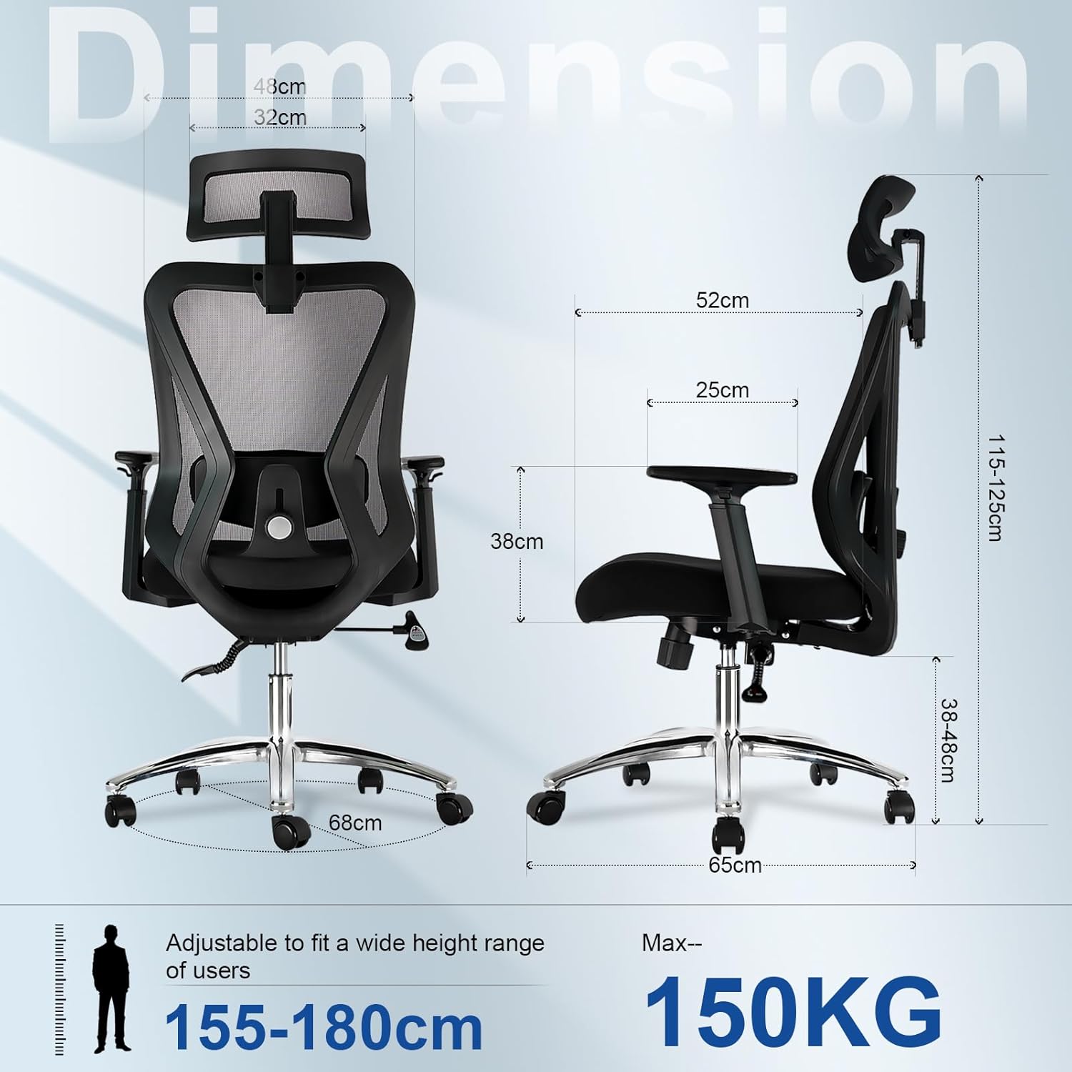 Durrafy Ergonomischer Bürostuhl mit Lordosenstütze, verstellbarer Kopfstütze und Armlehnen, 3-stufiger Neigungsverriegelung, rückenschonender Schreibtischstuhl bis 150 kg für Büro und Home Office – Bild 3