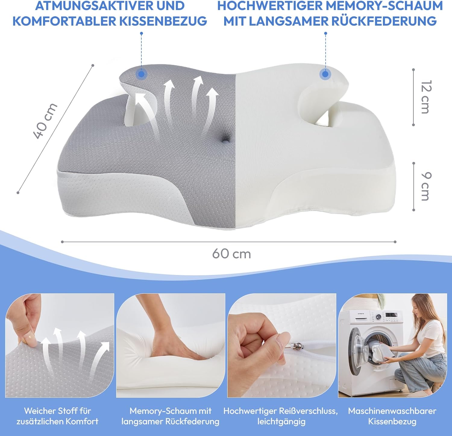 Nackenkissen, Memory-Schaum-Kissen: 60 x 40 cm, orthopädisches Kissen mit abnehmbarem Bezug – Nackenstützkissen für Schlafkomfort – ergonomisches Kissen für Rücken- und Bauchschläfer – Bild 6