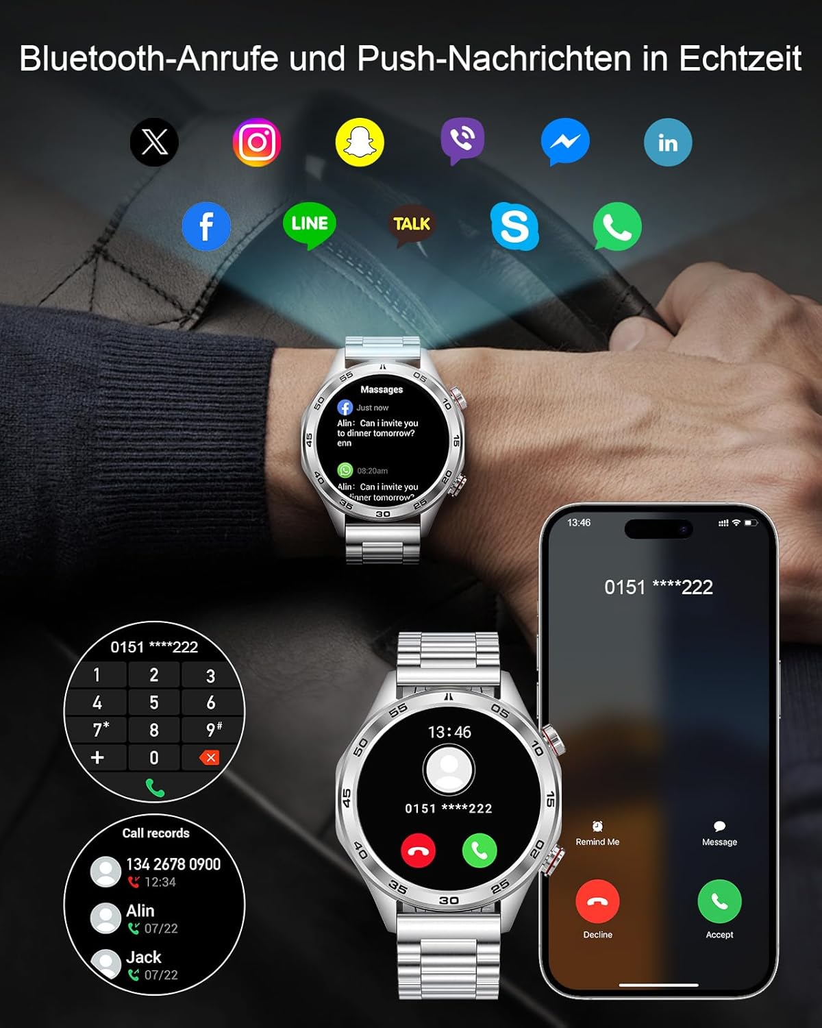 MEGALITH Smartwatch Herren Fitnessuhr: Telefonfunktion Runde Fitnessuhr mit 3 Armbändern – Blutdruckmessung Herzfrequenzmesser Smart Watch Silber Wasserdicht – Bild 2