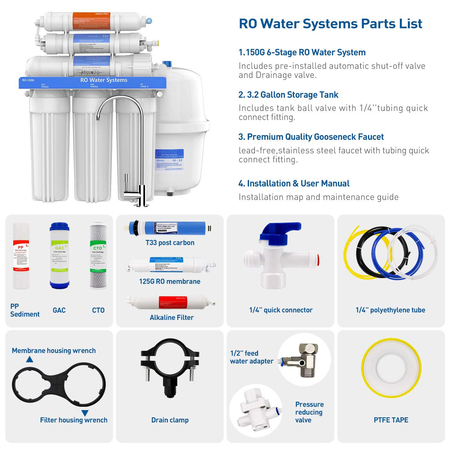 RO-150 6-stufiges Umkehrosmosesystem mit alkalischem pH + Filter | 150 GPD High Flow | Bleifreier Wasserhahn und lebensmittelechte Materialien | Für Küche, Haushalt und reines Trinkwasser – Bild 6